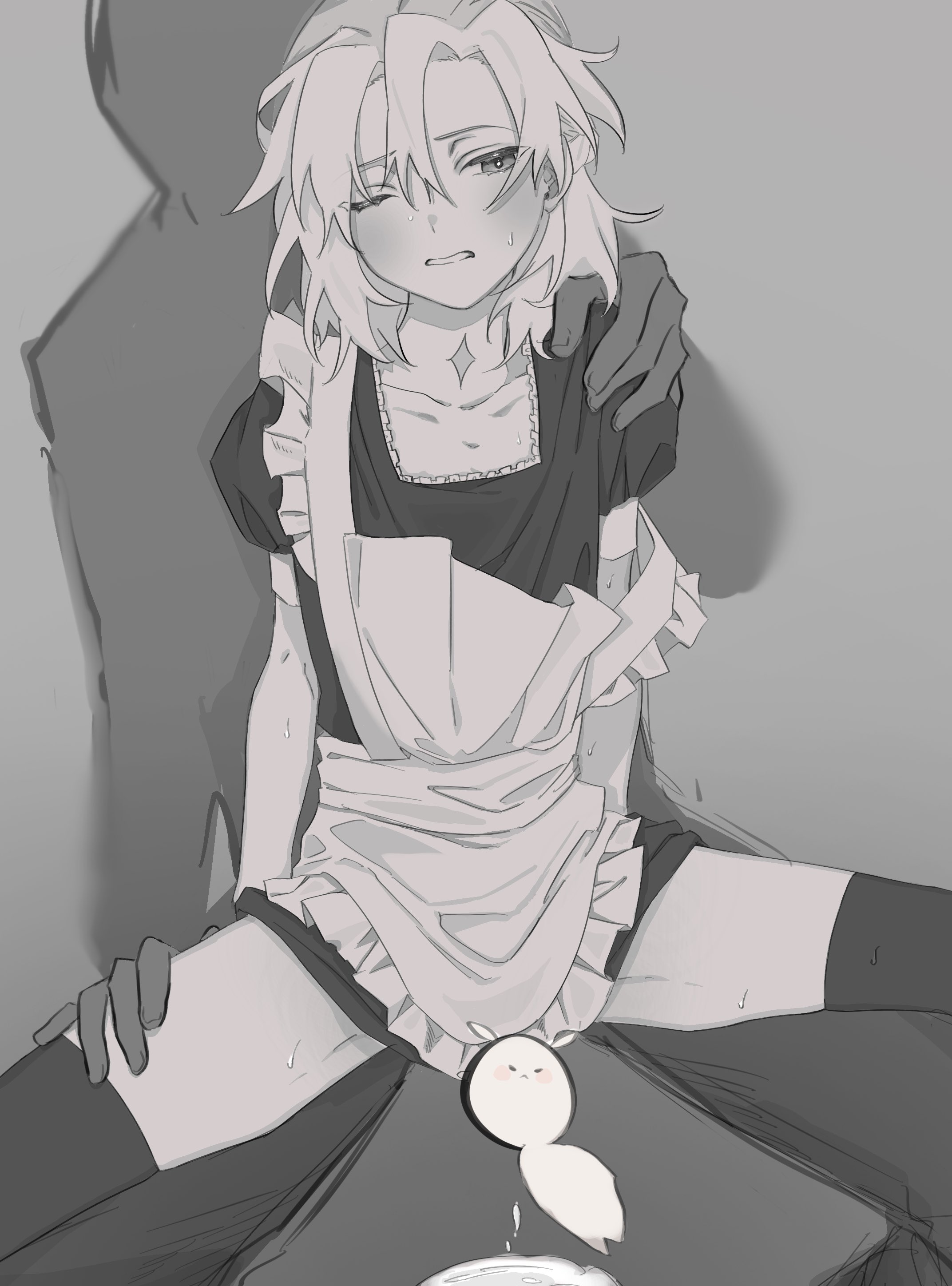 1boy, albedo (genshin impact), anal, androgynous, censored, censored penis, gay, genshin impact, maid, maid uniform, male, niku 0705, penis, thighhighs