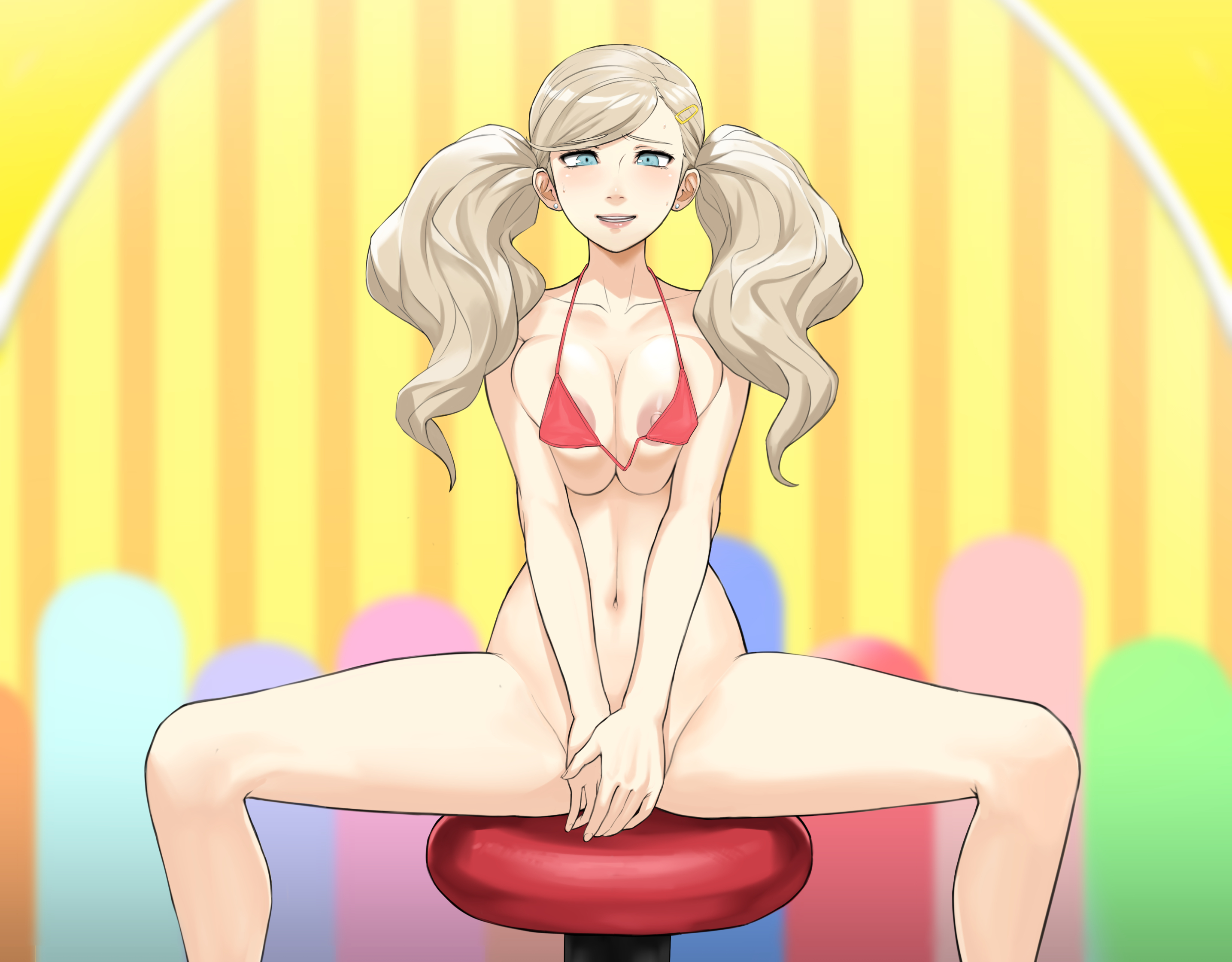 1girls, akizora, ann takamaki, areola slip, background, bikini, covering, female, game show, nipple slip, nipples, persona, persona 5, smile