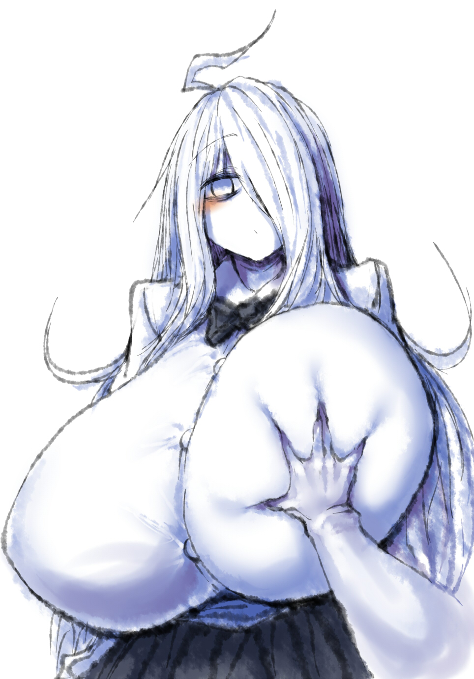 2b213, big breasts, blush, breast grab, breast squeeze, breast squish, breasts, female, hand on breast, huge breasts, large breasts, looking at viewer, mei (2b213), tagme