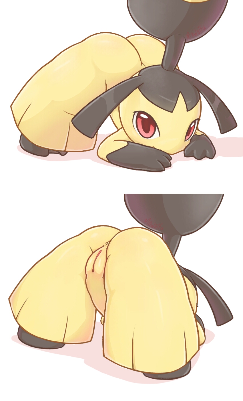 2021 2_toes anthro anus ass ass_up black_body black_hair black_skin feet female front_view genitals gloves_(marking) hair hair_mouth hi_res jack-o'_crouch_pose jack-o_pose jackochallenge looking_at_viewer markings mawaifu mawile nintendo nude pokemon pokemon_(species) presenting presenting_hindquarters pseudo_hair pussy rear_view red_eyes simple_background solo toes video_games white_background yellow_body yellow_skin