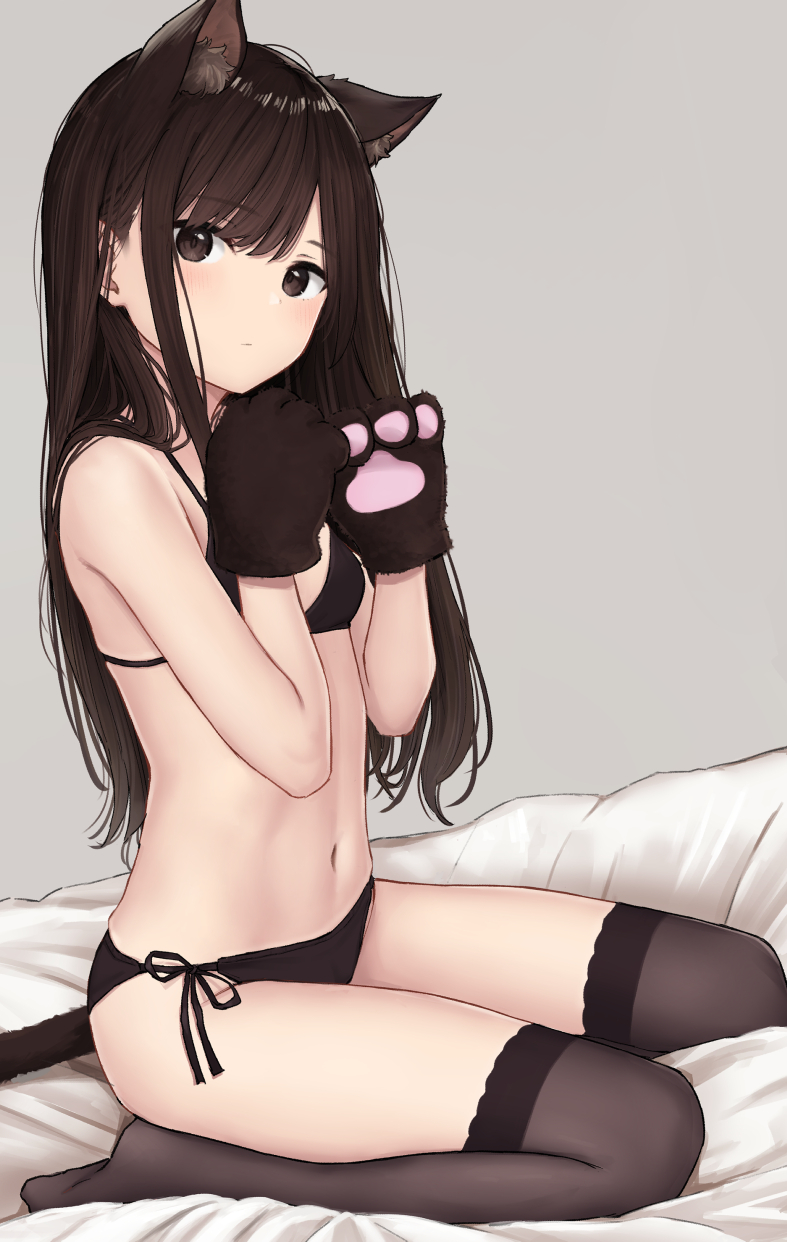 akipeko, animal ear fluff, animal ears, animal hands, bangs, bare arms, bare shoulders, bed sheet, black bra, black panties, bra, breasts, brown eyes, brown hair, brown legwear, cat ears, cat girl, cat tail, closed mouth, commentary request, eyebrows visible through hair, female, gloves, grey background, highres, long hair, looking at viewer, multi ear, navel, on bed, original, panties, paw gloves, paws, side-tie panties, simple background, sitting, small breasts, solo, stomach, tail, thighhighs, underwear, underwear only, wariza