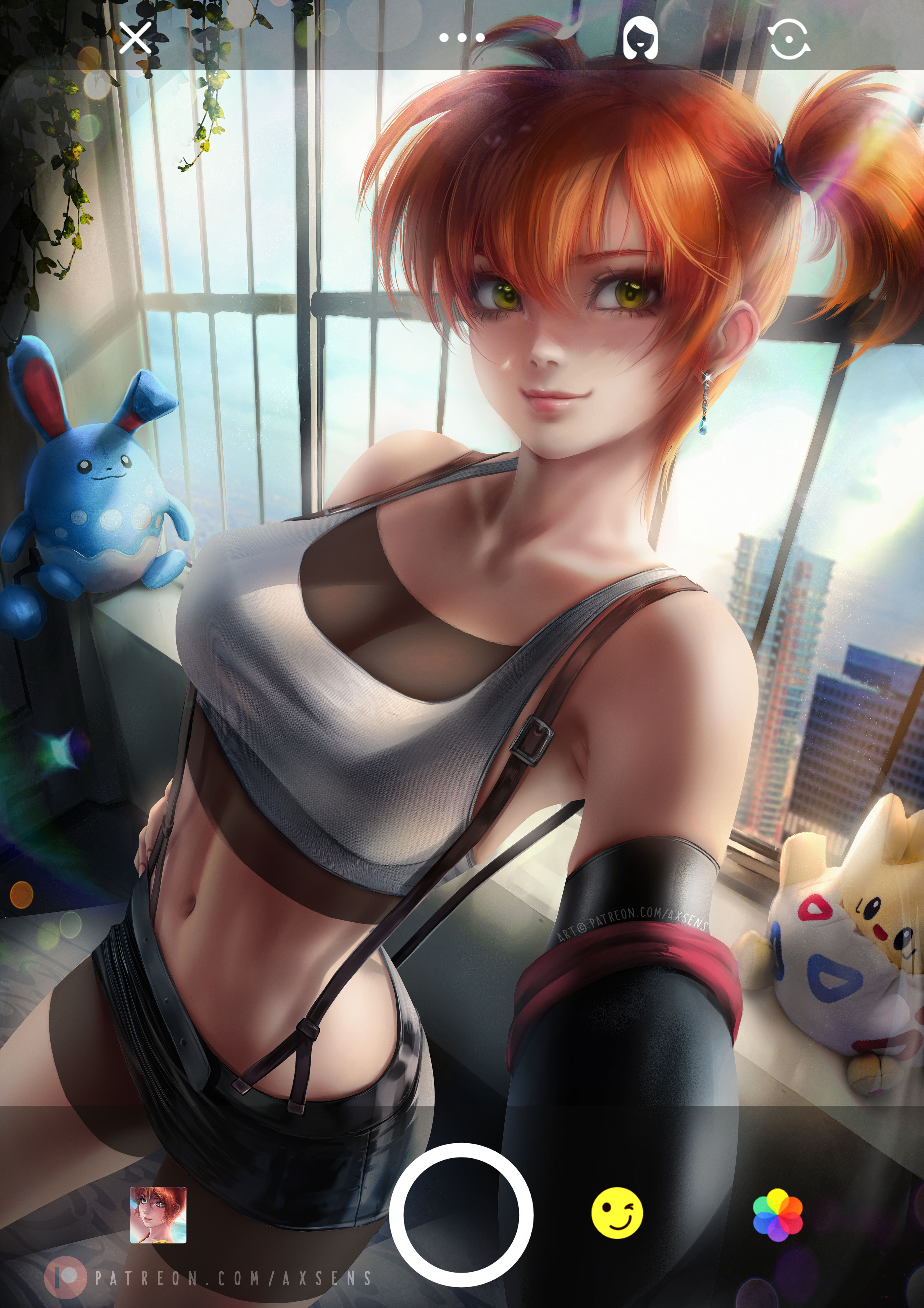 abs, ahoge, armpits, artist name, asymmetrical hair, axsens, bangs, bare shoulders, belt, black gloves, black shorts, black skirt, blurry, bokeh, breasts, character doll, cityscape, clavicle, cleavage, closed mouth, clothing, cosplay, creatures inc., crop top, day, depth of field, earrings, eyelashes, female, final fantasy, final fantasy vii, final fantasy vii remake, game freak, gen 1 pokemon, gen 2 pokemon, glint, gloves, green eyes, hair tie, hand on hip, heart, high resolution, indoors, jewelry, kasumi (pokemon), large filesize, lips, looking at viewer, medium breasts, midriff, miniskirt, muscles, navel, nintendo, orange hair, patreon username, pencil skirt, phone screen, pokemon, pokemon (anime), pokemon (classic anime), pokemon (game), pokemon character, pokemon rgby, pokemon species, ponytail, red hair, self shot, shirt, short hair, shorts, side ponytail, signature, single glove, skirt, sleeveless, smile, smiley face, solo, spats, standing, stomach, stuffed toy, sunlight, suspender skirt, suspenders, tied hair, tifa lockhart, tifa lockhart (cosplay), toned, very high resolution, white shirt, window, windowsill, トゲピー（ぬいぐるみ）, マリルリ（ぬいぐるみ）