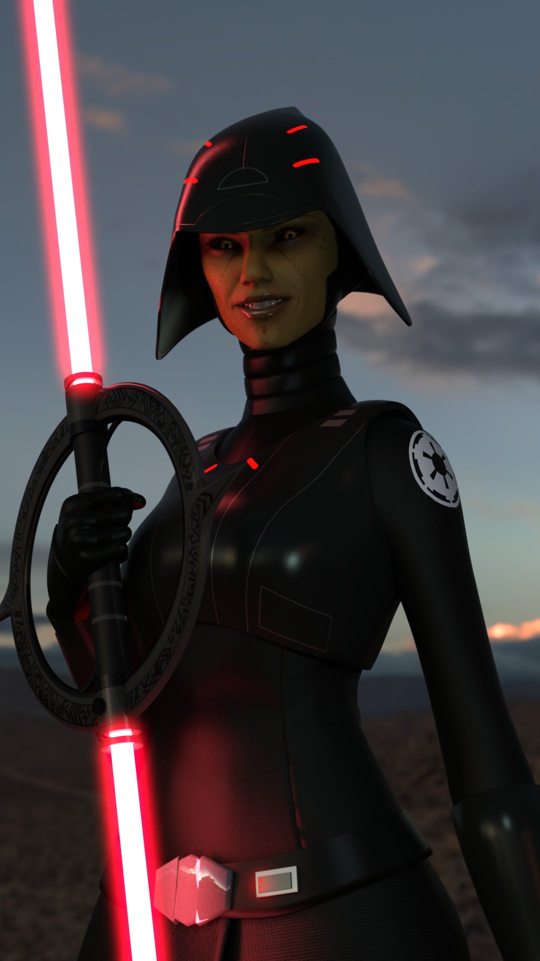 1girls 3d breasts clothed clothing female female_clothed female_focus female_only green_skin helmet hi_res inquisitor inquisitor_(star_wars) ipicklejuicei lightsaber mirialan pose red_lightsaber seventh_sister small_breasts smile solo solo_female star_wars star_wars_rebels yellow_eyes yellow_skin