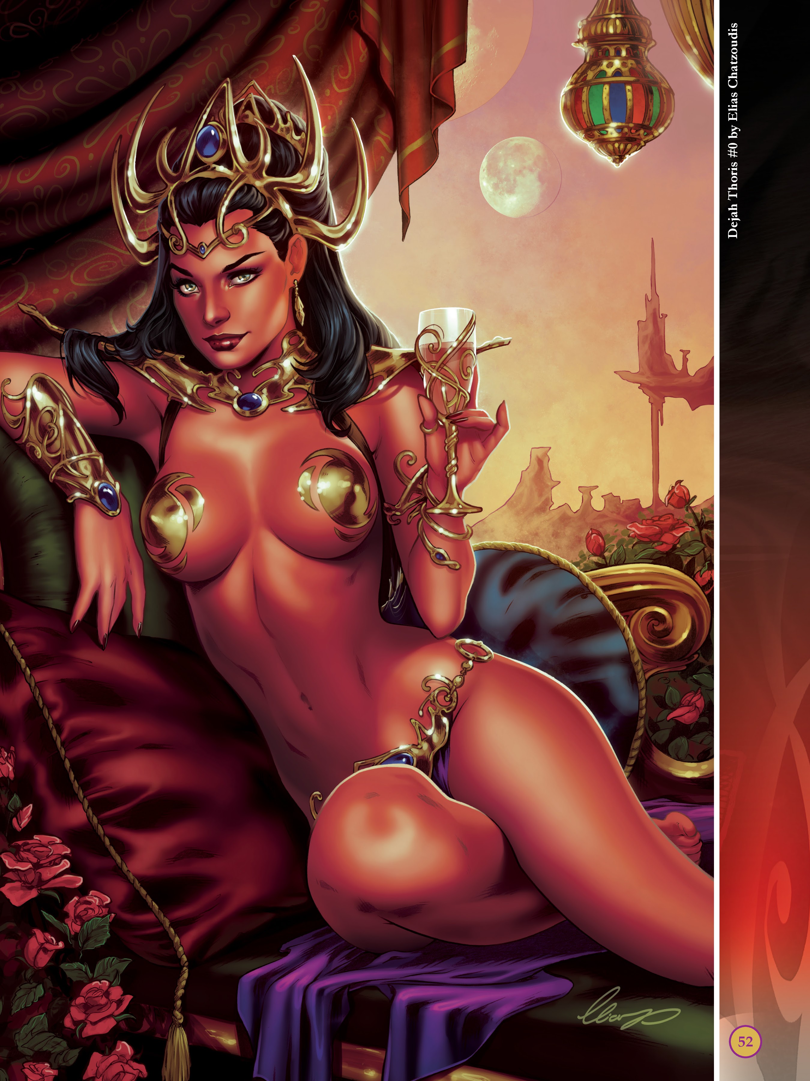1girls, a princess of mars, barsoom, black hair, bracelet, breasts, character name, dejah thoris, elias chatzoudis, female, female only, fit, fit female, gold pasties, green eyes, headdress, holding glass, hourglass figure, inviting, john carter of mars, large breasts, loincloth, official art, pasties, pillow, shoulder armor, signature, sitting, text