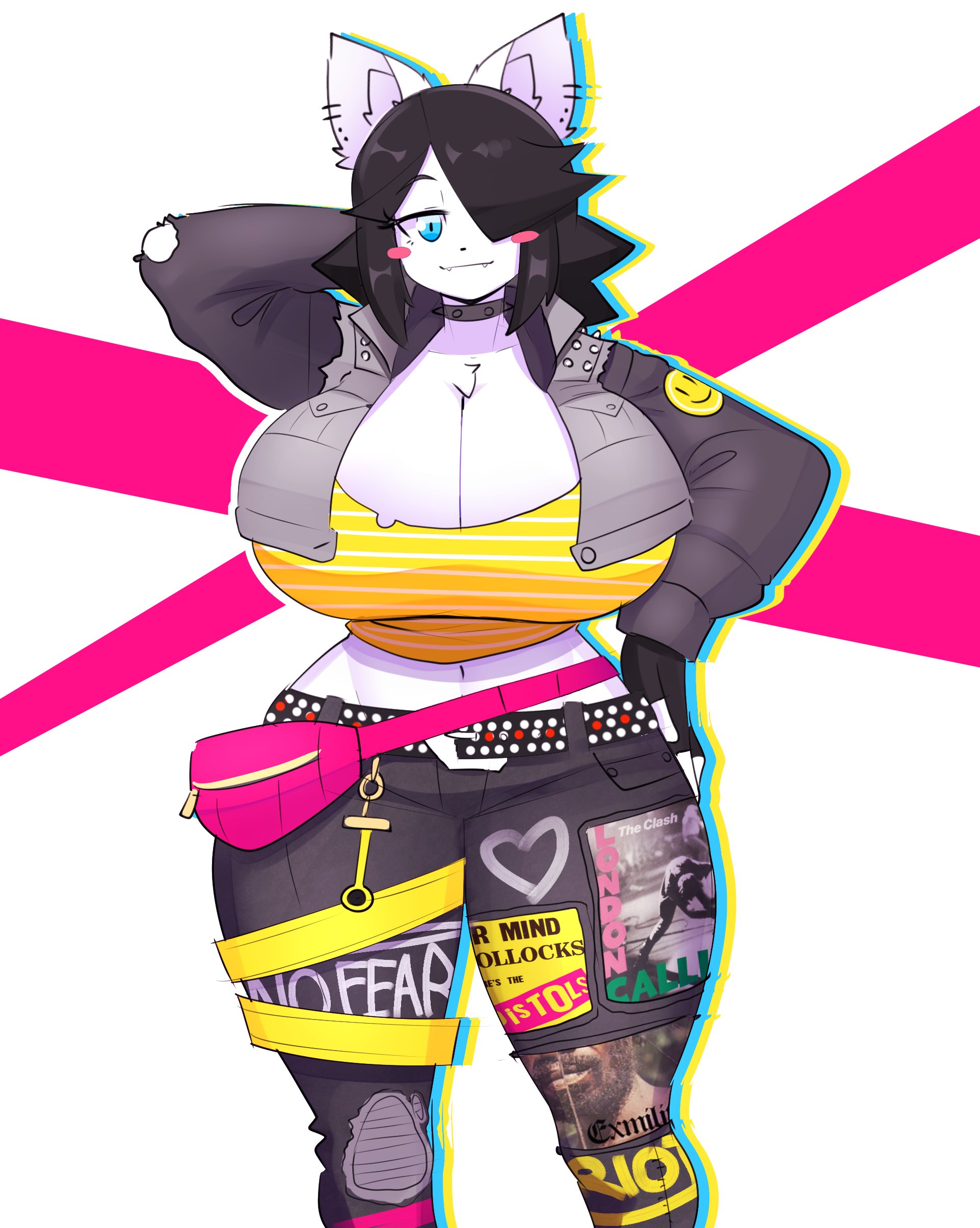 1girls, animal ears, anthro, big breasts, blush, blush stickers, breasts, breasts bigger than head, cleavage, death grips, female, female only, front view, fur, furry, furry only, hand behind head, hand on hip, huge breasts, jacket, long sleeves, looking at viewer, maggie applebee, pants, sex pistols (band), shirt, simple background, solo, solo female, solo focus, the clash (band), theycallhimcake, thighs, white background, white fur, white skin, yellow shirt