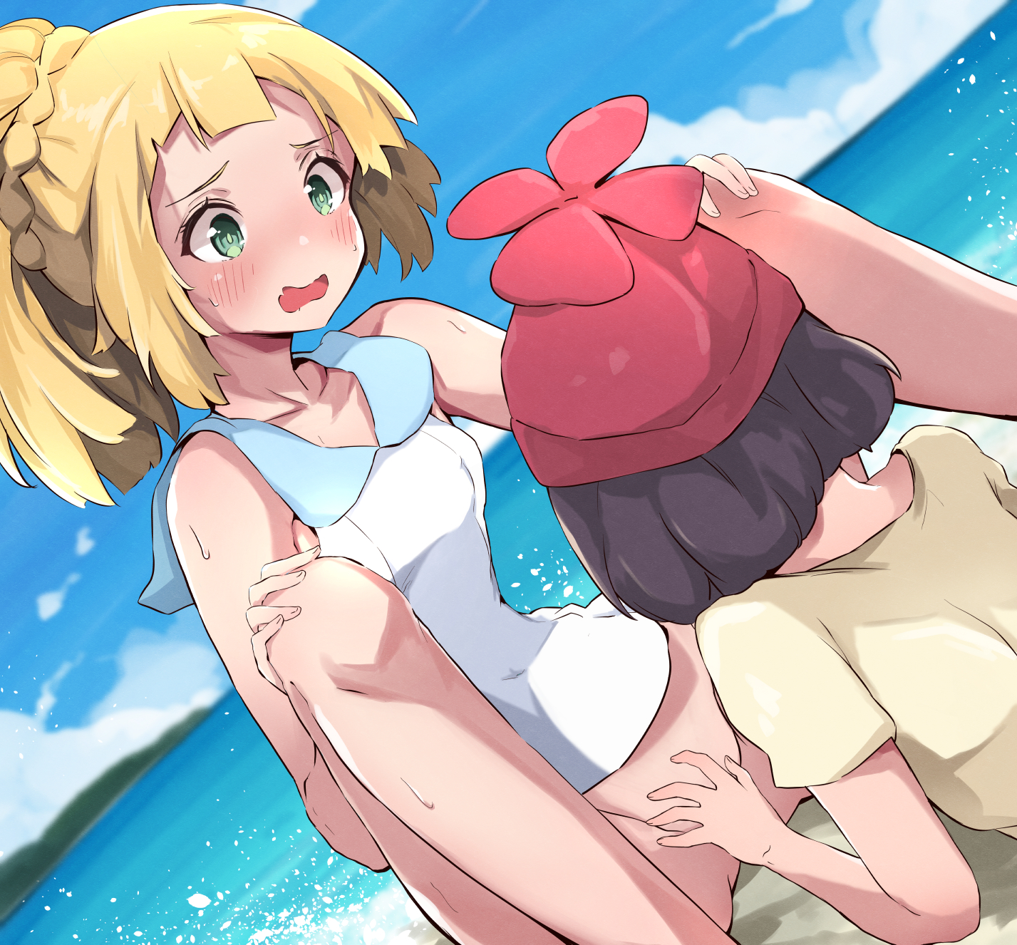 2girls, alternate hairstyle, black hair, blonde hair, blush, bottomless, female, female only, green eyes, kurasumeito (sushiotaku0705), lillie (pokemon), nintendo, pokemon, pokemon sm, ponytail, selene (pokemon), short hair, thighs, yuri