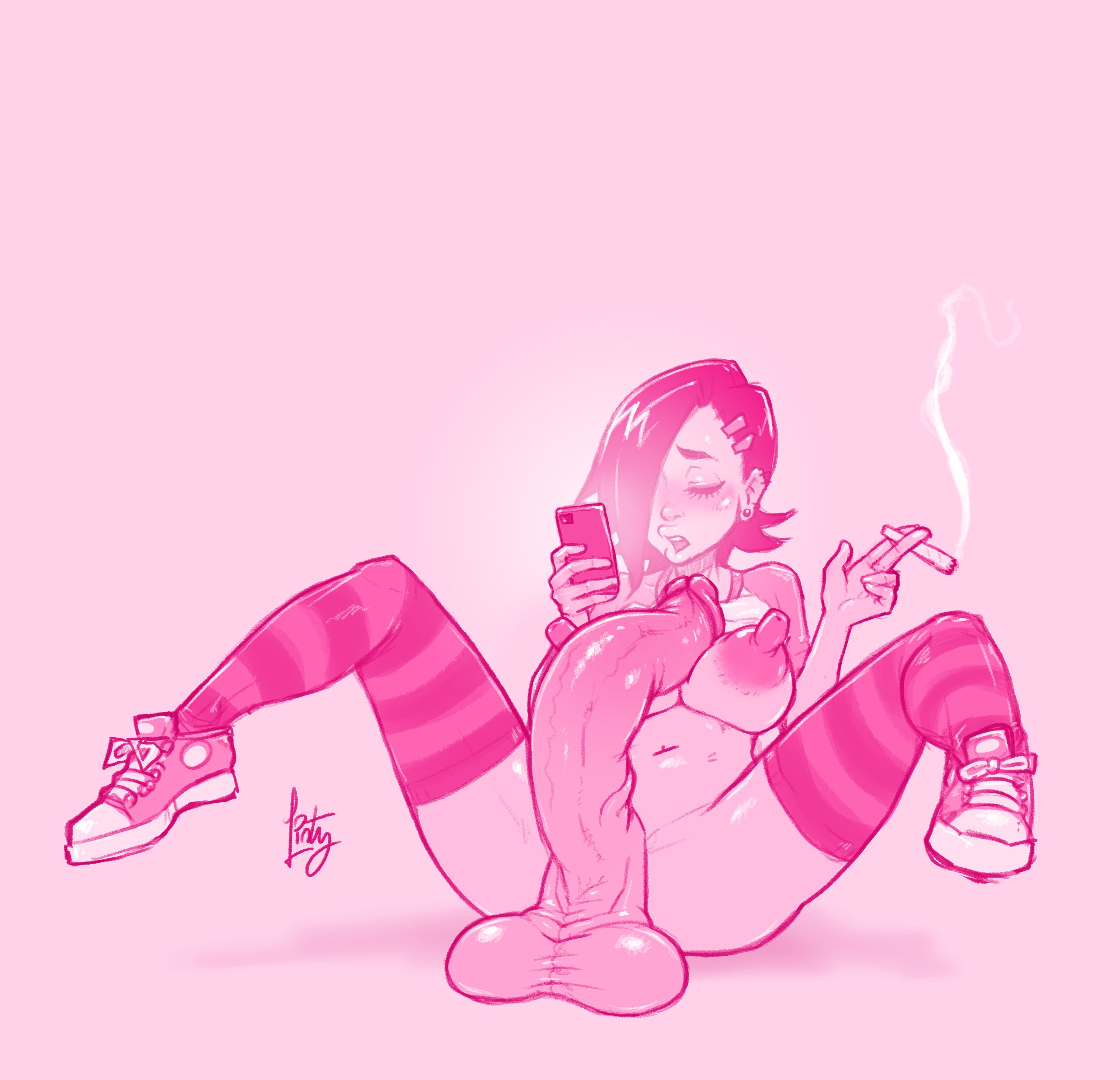 1futa, areolae, balls, big balls, breasts, cigarette, clothed, clothing, erect nipples, flaccid, futa only, futanari, hair over one eye, huge cock, human, hyper, hyper genitalia, hyper penis, intersex, linty, linty (character), long nipples, long penis, monochrome, nipples, partially clothed, penis, phone, pink theme, puffy nipples, sagging balls, sequence, short hair, simple background, sitting, smoking, solo, solo futa, spread legs, tagme, thighhighs