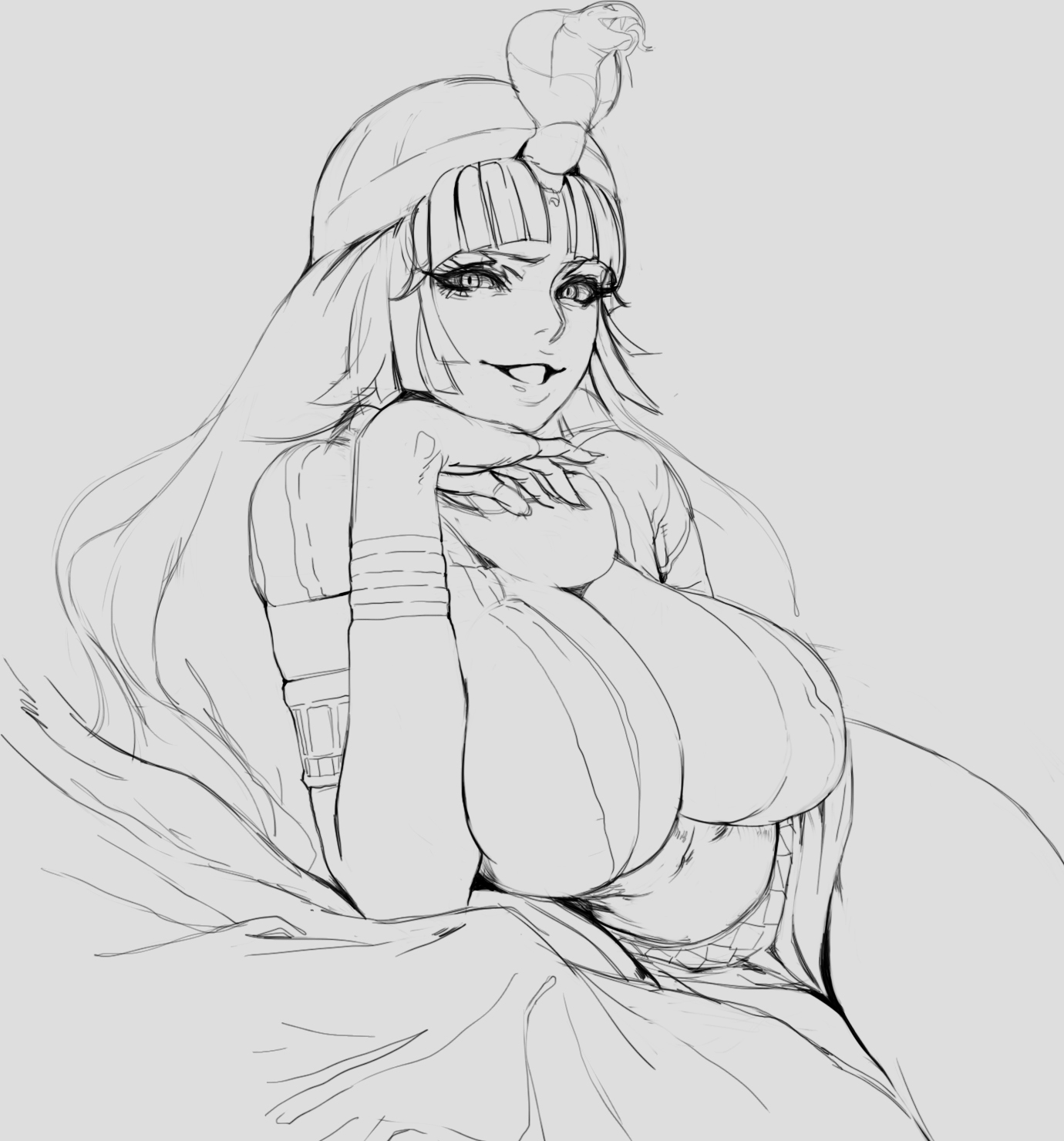 big breasts, black and white, breasts, cleopatra (megami tensei), egyptian, female, heeho san, megami tensei, monochrome, nails, shin megami tensei, shin megami tensei iv apocalypse, shin megami tensei iv final, smile, smirk, tagme