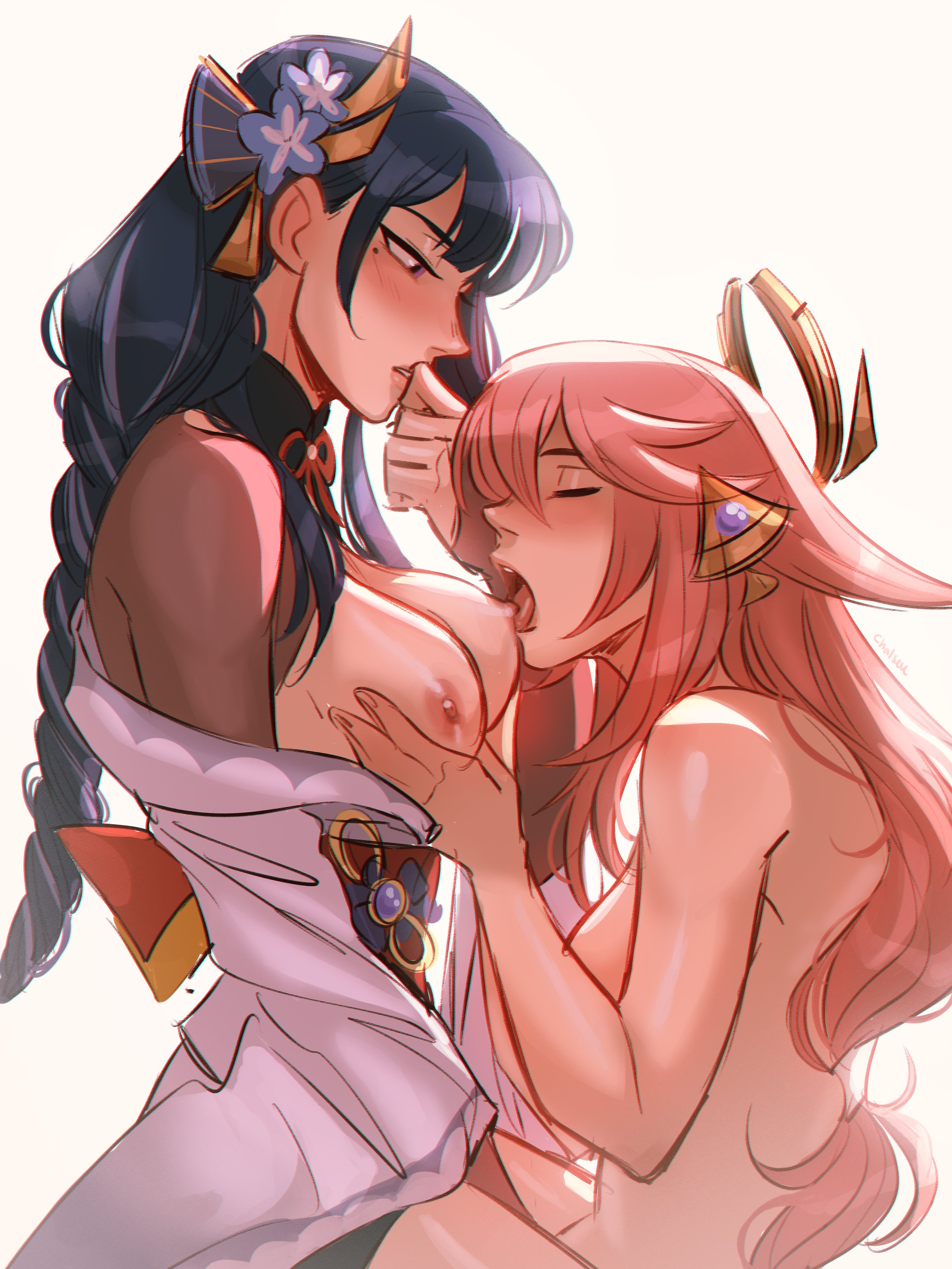 2girls, artist request, blush, braid, breast grab, breasts, closed eyes, couple, duo, female, female only, female/female, fox girl, genshin impact, half-closed eyes, interspecies, large breasts, licking, long hair, looking at another, medium breasts, multiple females, multiple girls, pink hair, purple hair, raiden shogun, yae miko, yuri