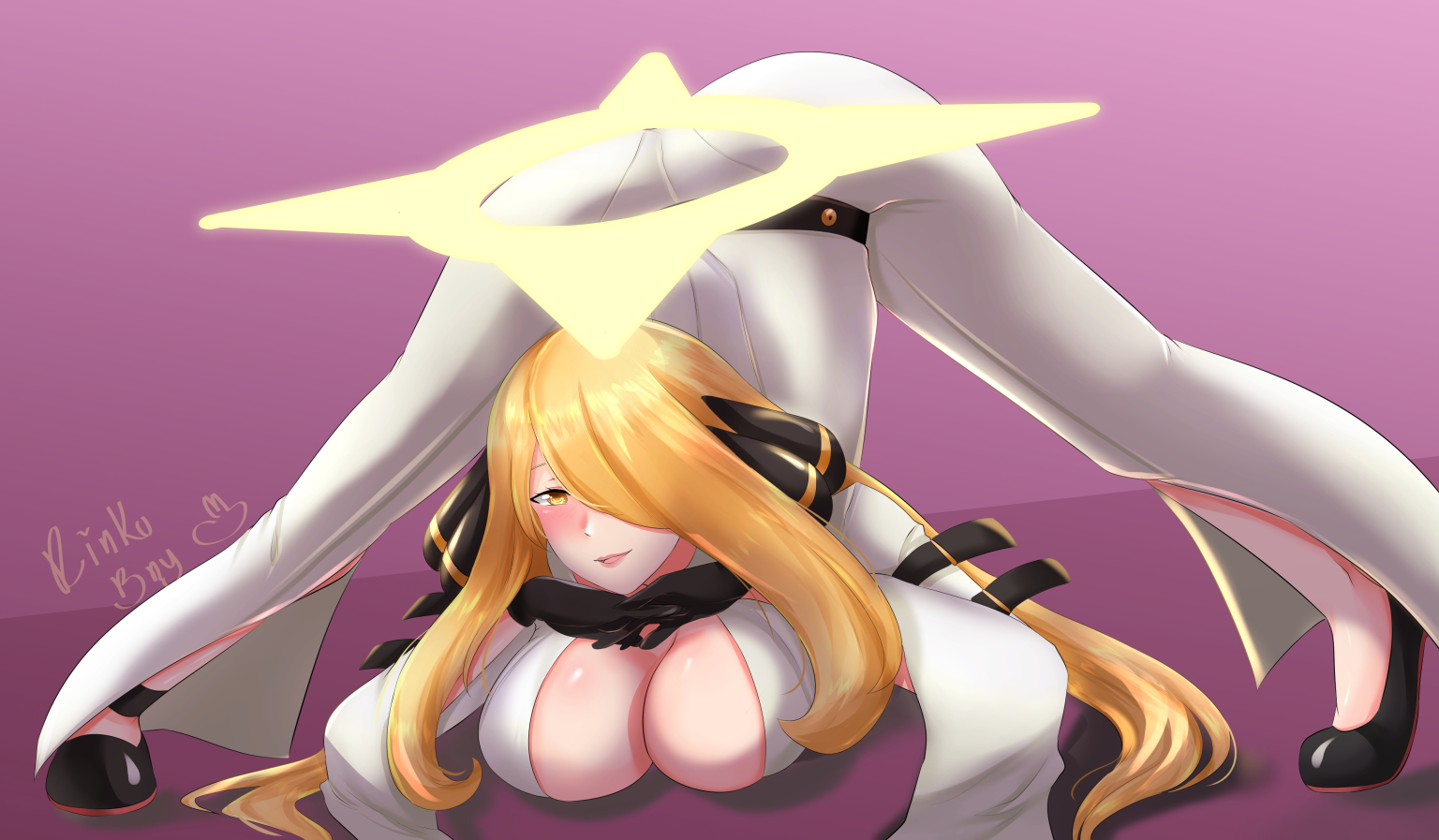 1girls, alternate breast size, ass, ass up, blonde hair, breasts, cleavage, cynthia (pokemon), face down ass up, female, gloves, jack-o pose, jackochallenge, large breasts, long hair, looking at viewer, nintendo, pokemon, pokemon dppt, rinku bny, smile, solo, spread legs, yellow eyes