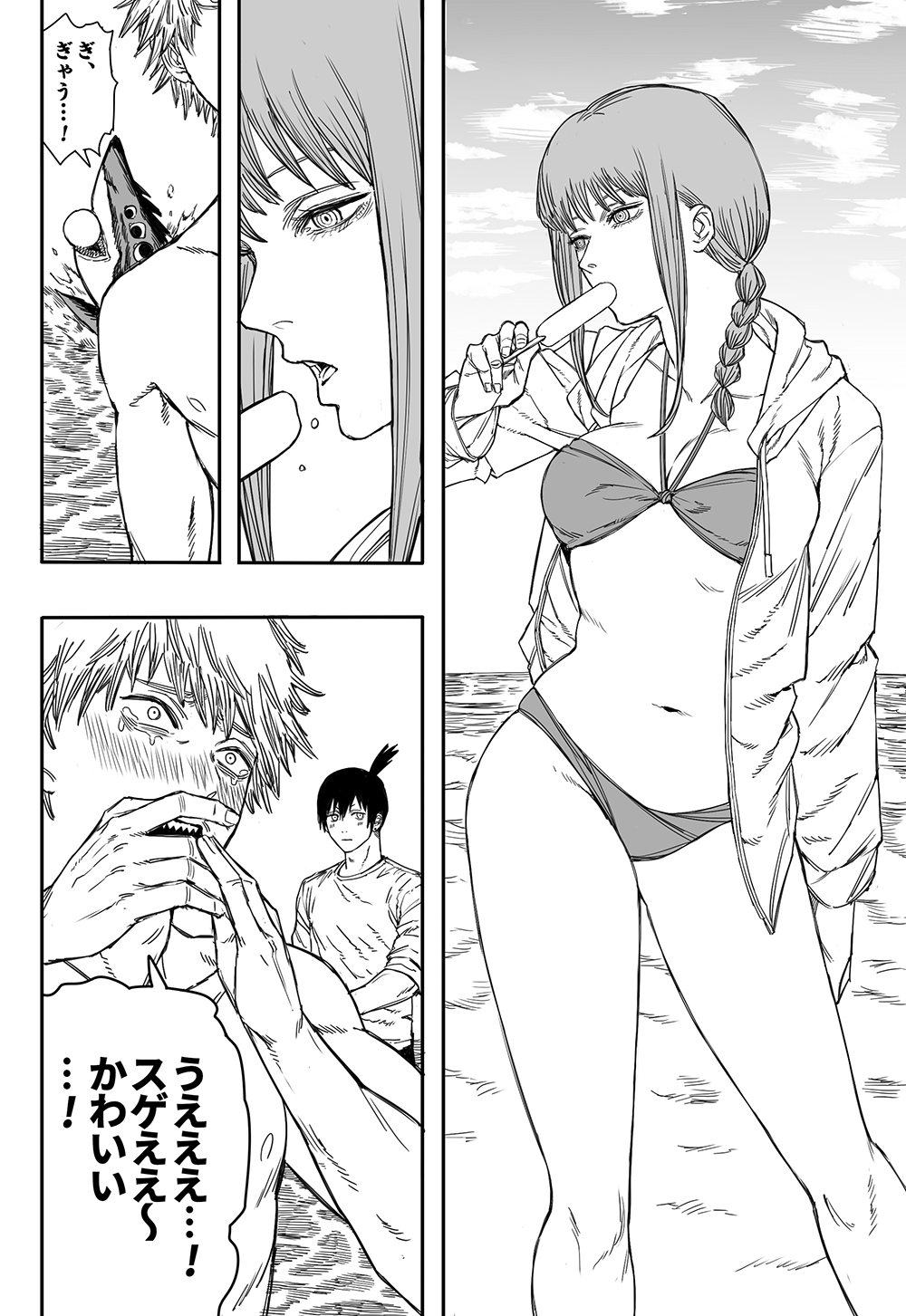 1girls, 3boys, beach, beam (chainsaw man), bikini, chainsaw man, denji (chainsaw man), female, hayakawa aki, makima (chainsaw man), male, monochrome, popsicle, sea, seaside, shark, water