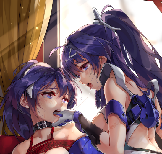 1girls 2girls big_breasts blue_eyes breasts collar crying dacryphilia honkai_impact honkai_impact_3rd multiple_girls purple_eyes purple_hair raiden_mei saliva selfcest tight_clothing tongue tongue_out zombie-andy