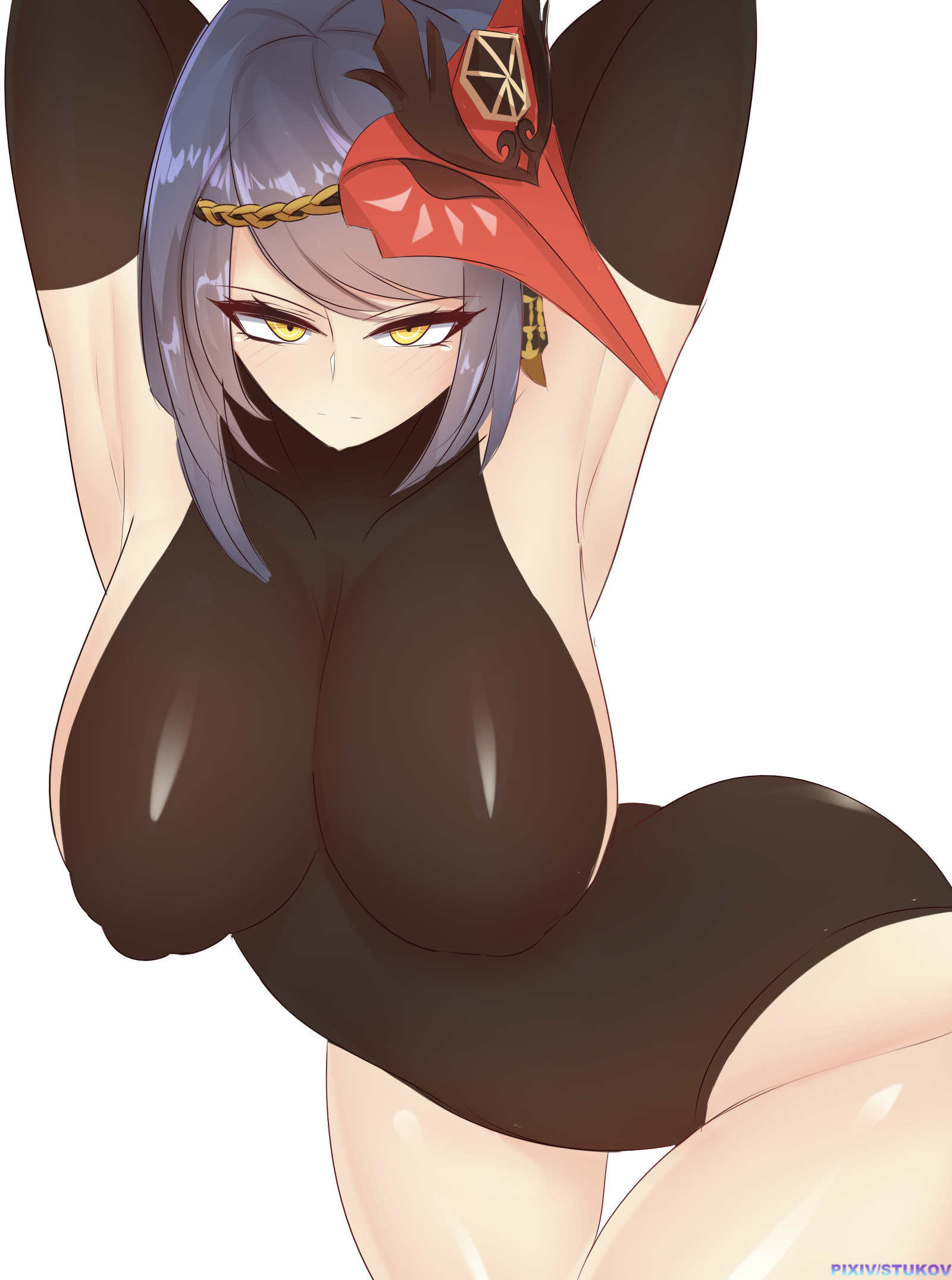 1girls, armpits, arms up, big breasts, black bodysuit, black elbow gloves, black gloves, black long gloves, blush, blushing, bodysuit, breasts, elbow gloves, female, genshin impact, gloves, headwear, kujou sara, long gloves, looking at viewer, nipple bulge, nipples, thick thighs, thigh gap, thighs, tight clothing, white background
