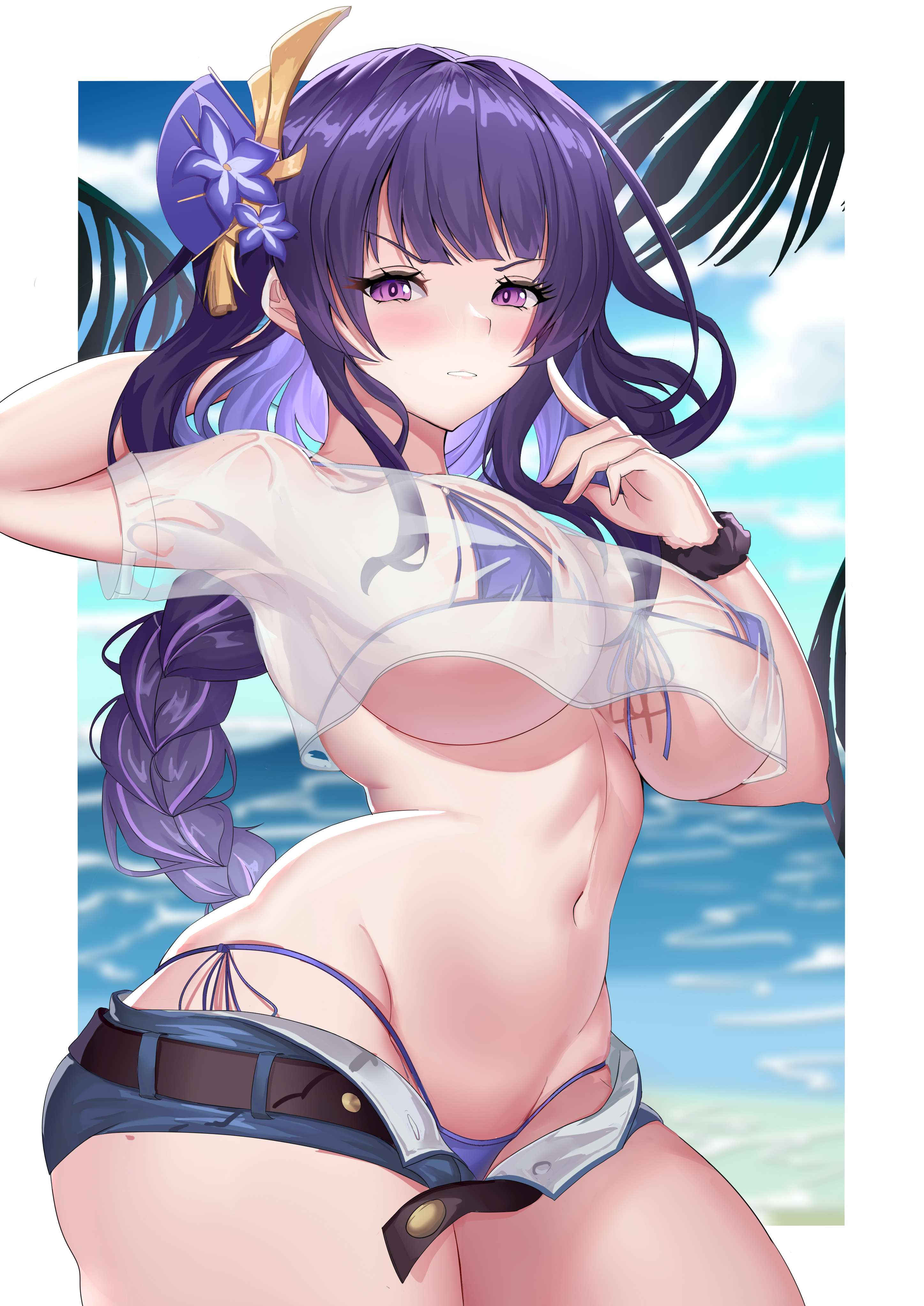 1girls, ass, bangs, beach, beauty mark, belly, belly button, big ass, bikini, bikini under clothes, blunt bangs, braid, braided hair, breasts, curvaceous, curvy, curvy figure, female, genshin impact, highleg, highleg bikini, large breasts, light skin, light-skinned female, micro bikini, mz (yeye ai chipao mian), navel, nipple bulge, purple eyes, purple hair, raiden shogun, see-through, see-through clothing, short shorts, shorts, side-tie bikini, sidelocks, skimpy bikini, solo, solo female, thick thighs, thin waist, underboob, wet clothes, wide hips