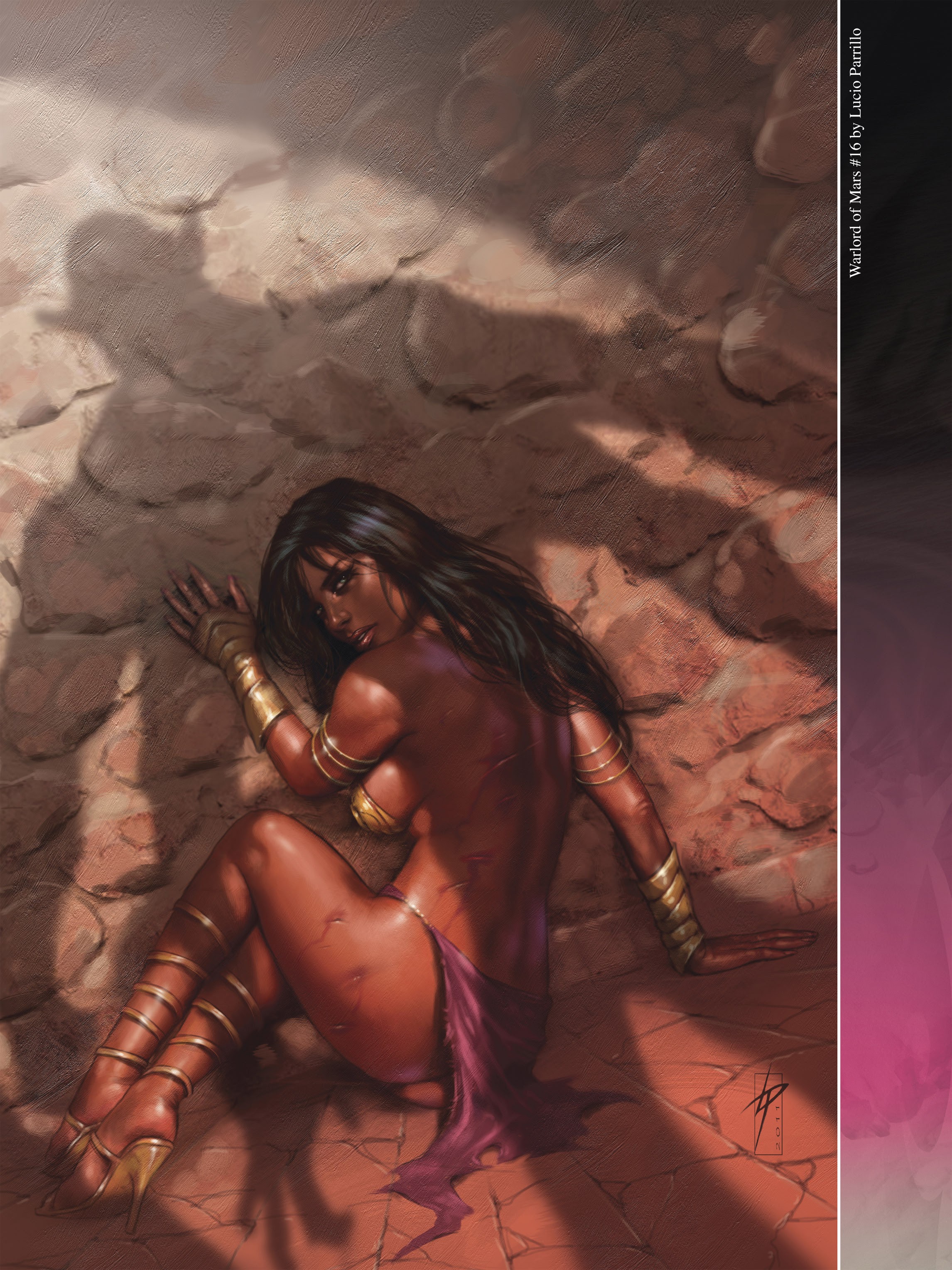 1girls, 4 arms, a princess of mars, alien, armlet, armpits, barsoom, big dom small sub, black hair, bracelet, breasts, captured, defeated, dejah thoris, enslaved royal, female, gold heels, gold pasties, green eyes, green martian, high heels, joe jusko, john carter of mars, large breasts, larger male, loincloth, long hair, looking at viewer, looking back, lucio parrillo, male, martian, multi arm, multi limb, official art, open toe shoes, pasties, rear view, royalty, scar, shadow, size difference, slave, smaller female, voluptuous