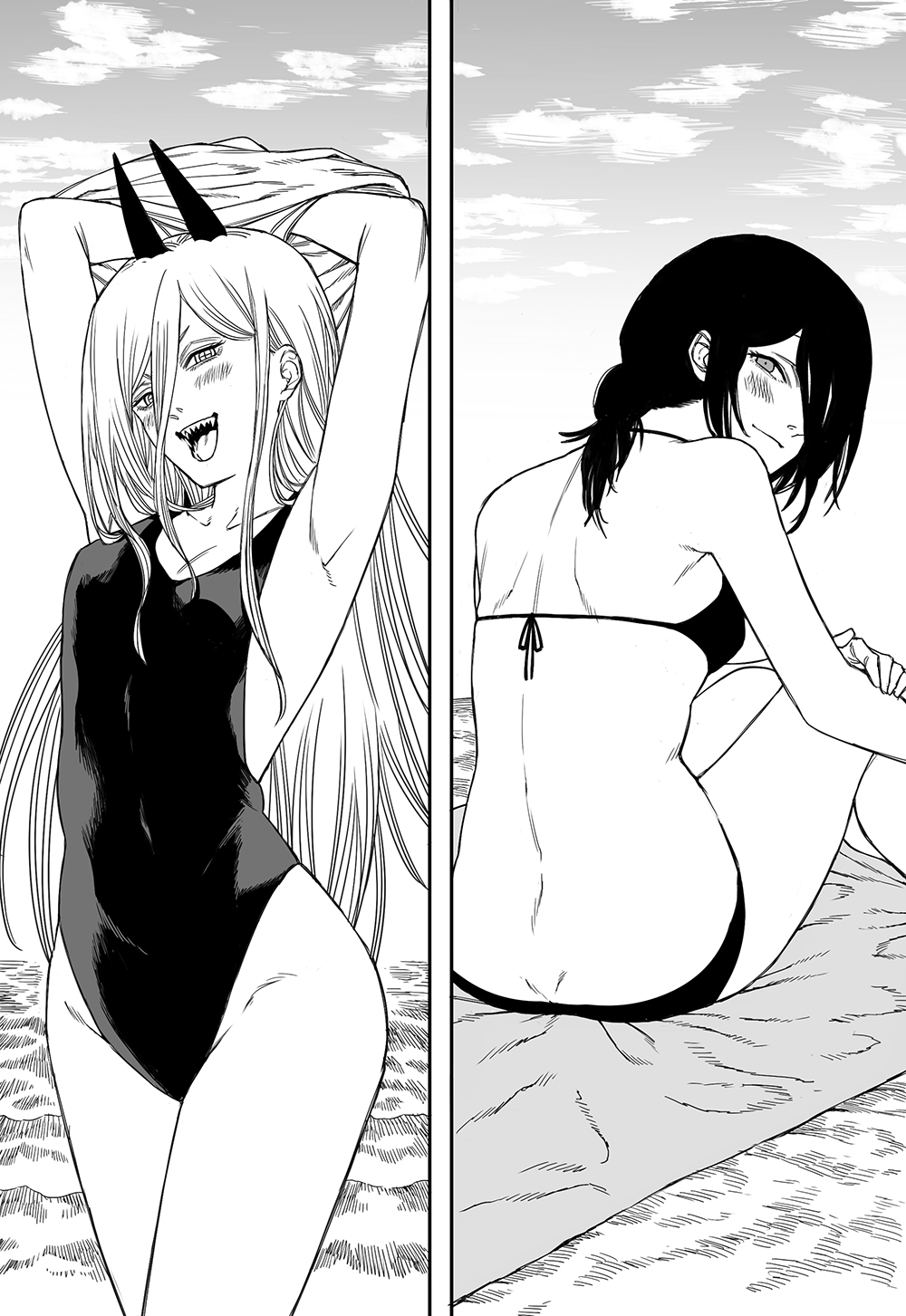 2girls, beach, bikini, chainsaw man, female, female only, monochrome, power (chainsaw man), reze (chainsaw man), zanki