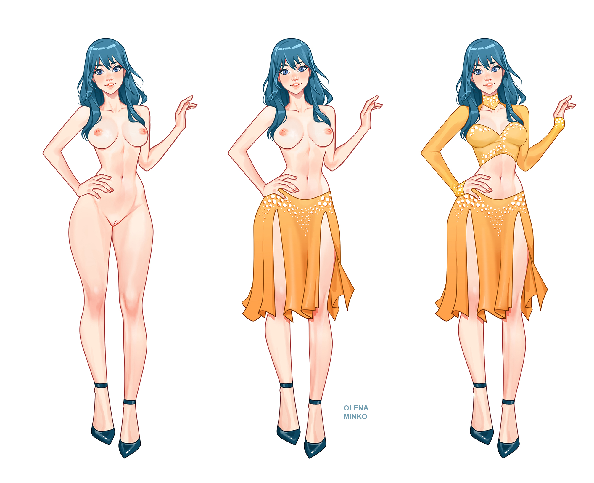 1girls, artist name, bare legs, bare midriff, black footwear, blue eyes, blue hair, blush, breasts, byleth (fire emblem), byleth (fire emblem) (female), cleavage cutout, clothed, clothing cutout, commission, completely nude, female, fire emblem, fire emblem: three houses, hand on hip, hand up, highres, innie pussy, large breasts, long hair, long sleeves, minko, multiple views, naked footwear, naked with shoes on, nintendo, nipples, nude, nude female, parted lips, pelvic curtain, pussy, shirt, side slit, simple background, skirt, sleeves past wrists, smile, solo, teal hair, topless, white background, yellow shirt, yellow skirt
