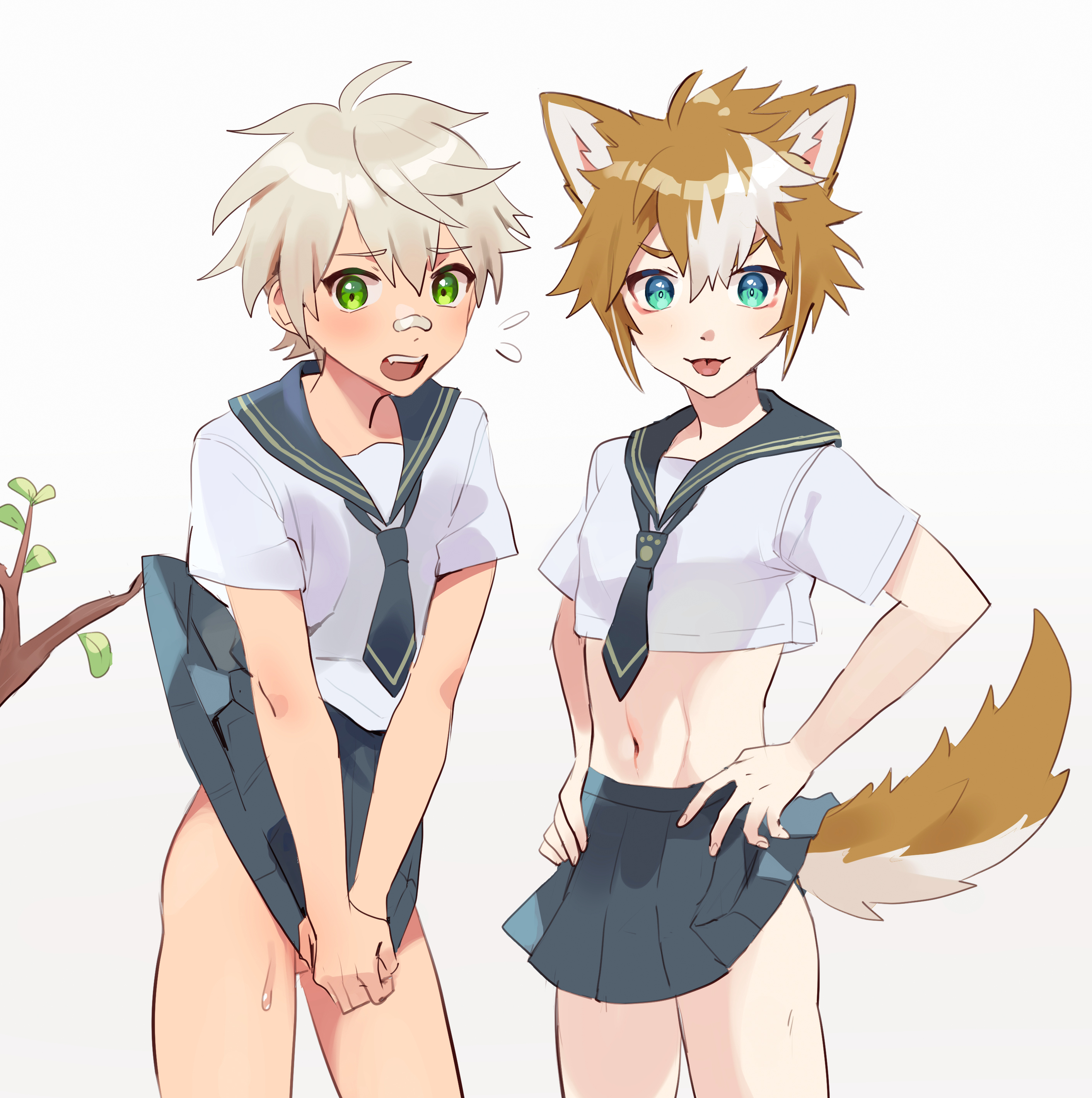 2boys, bennett (genshin impact), crossdressing, dog tail, genshin impact, gorou (genshin impact), inumimi, itsme takk, lifting skirt, male, male only, no visible genitalia, school uniform, schoolgirl uniform, thighs, tongue, tongue out