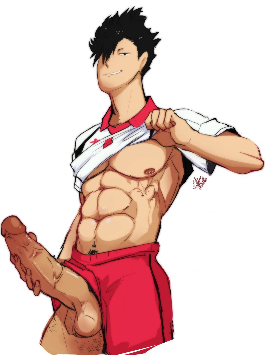 1boy, abs, big penis, black hair, cropped, gay, gay male, haikyuu!!, hair over one eye, idoraad, kuroo tetsurou, lilprincyvi, male, male only, muscular, penis, penis through leghole, pubic hair, shirt lift, smile, tagme, yaoi