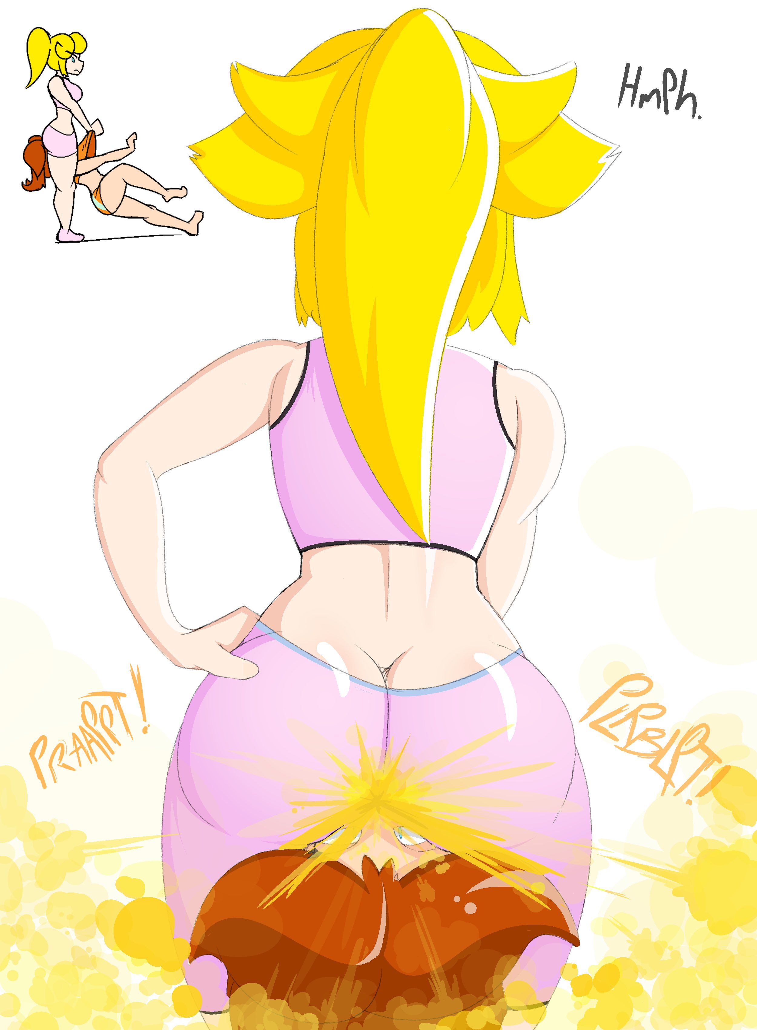 2girls, ass, ass on face, blonde hair, blue eyes, brown hair, fart, fart cloud, fart fetish, farting, farting in face, female, female only, mario (series), mario strikers, multiple females, multiple girls, nintendo, orange shorts, pink shorts, ponytail, princess daisy, princess peach, white background, yellow hair, yuri