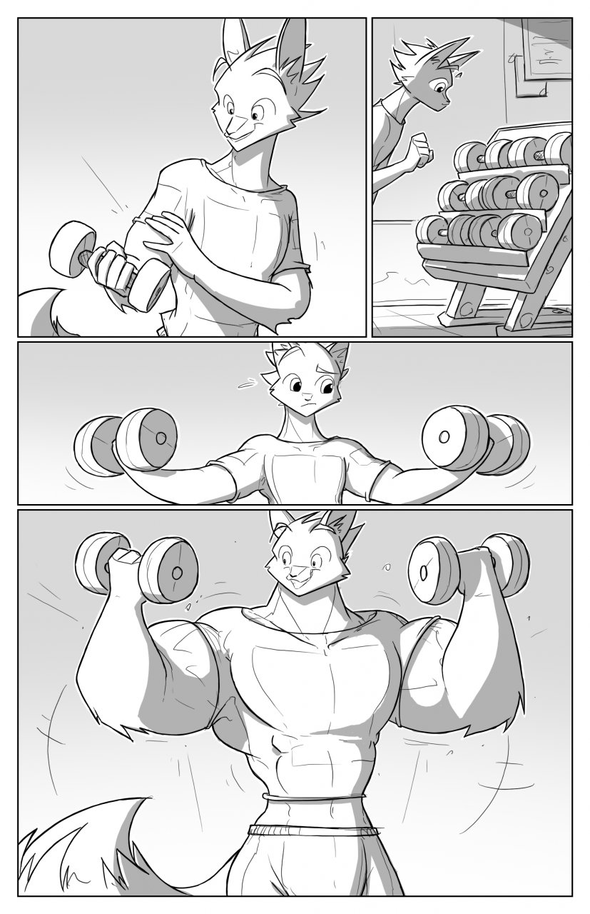 2012 anthro big_muscles biped bulge canid canine clothed clothing comic conditional_dnp digital_media_(artwork) exercise fluffy fluffy_tail fox growth gym huge_muscles jollyjack male mammal monochrome muscle_growth muscular muscular_anthro muscular_male solo tight_clothing weightlifting weights workout