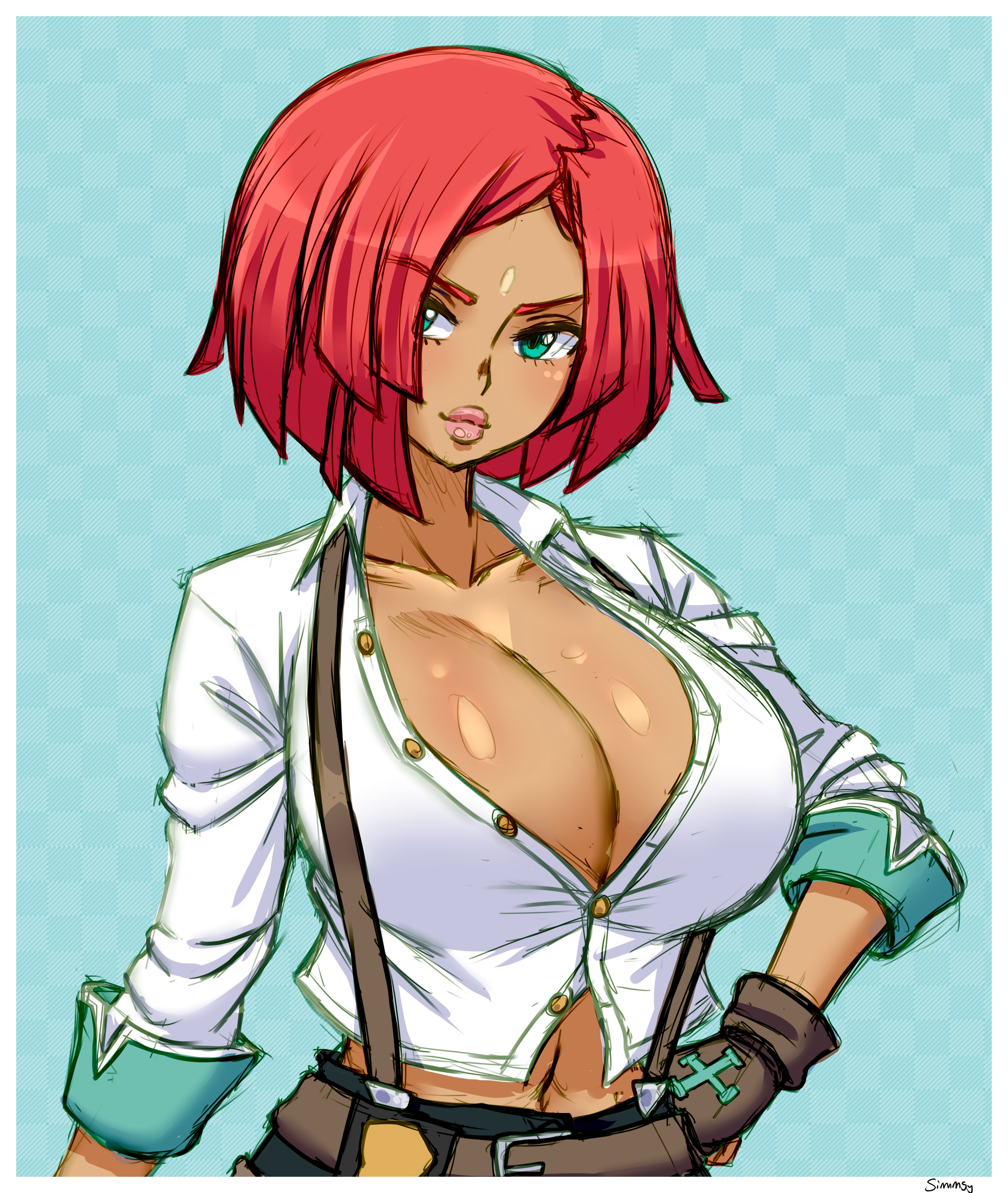 1girls, big breasts, bob cut, brazilian, brazilian female, breasts, cleavage, female, female only, giovanna (guilty gear), guilty gear, large breasts, red hair, short hair, simmsy, sketch, solo
