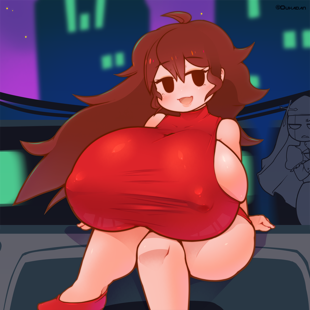 2girls, breasts, brown hair, city, dress, female, female focus, female only, friday night funkin, girlfriend (friday night funkin), large breasts, legs crossed, long hair, multiple females, multiple girls, nipple bulge, nipples visible through clothing, nun, open mouth, oukadan, red dress, sarvente (dokki.doodlez), sideboob, thick thighs, thighs