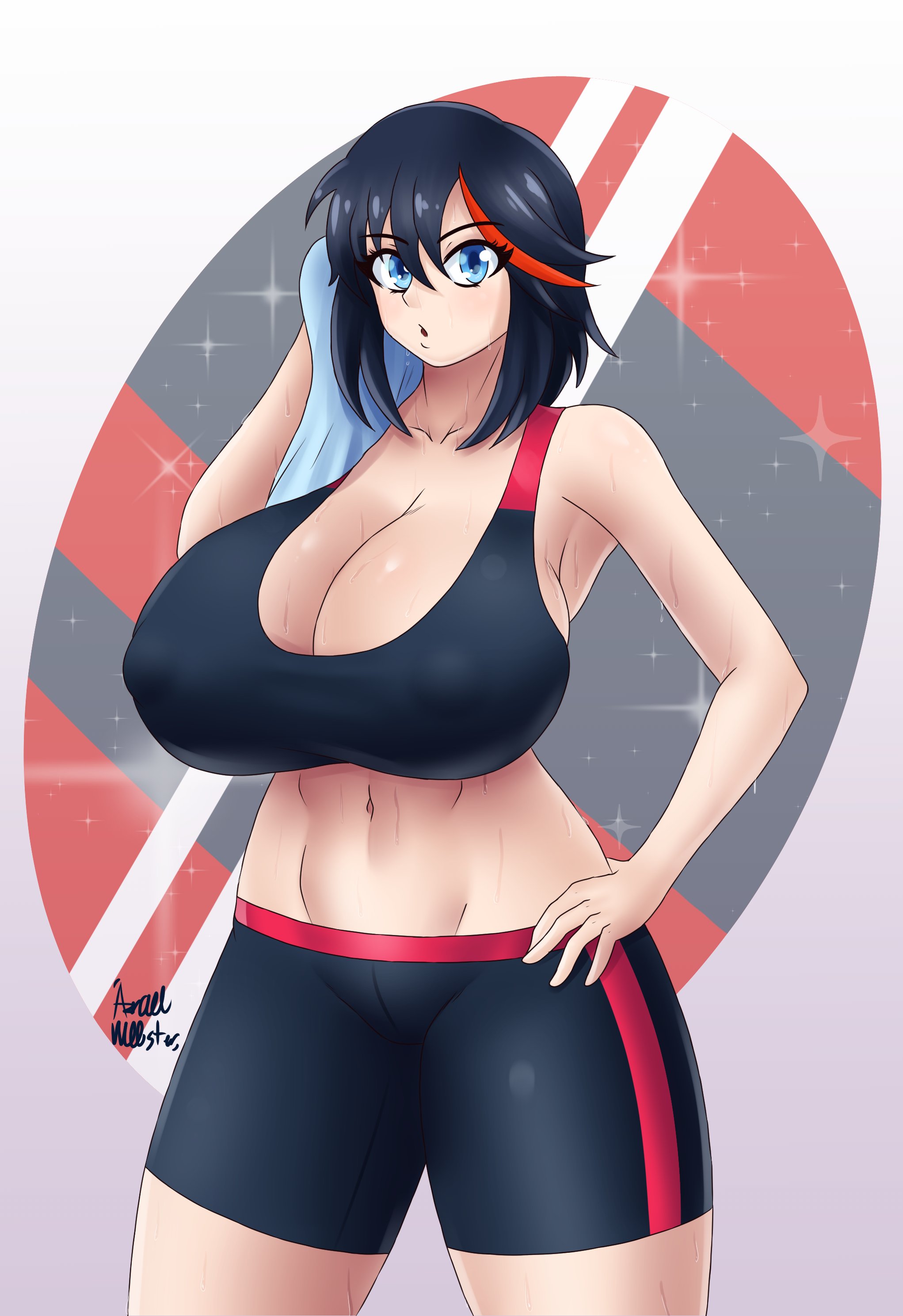 1girls, artist signature, azraelwebster, big breasts, black hair, blue eyes, breasts, cleavage, collarbone, eyebrows visible through hair, eyelashes, female, female only, huge breasts, kill la kill, matoi ryuuko, multicolored hair, nipple bulge, open mouth, red hair, short hair, shorts, solo, solo female, sports bra, standing, streaked hair, studio trigger, sweat, sweatdrop, tagme, thick thighs, towel, two-tone hair, wide hips