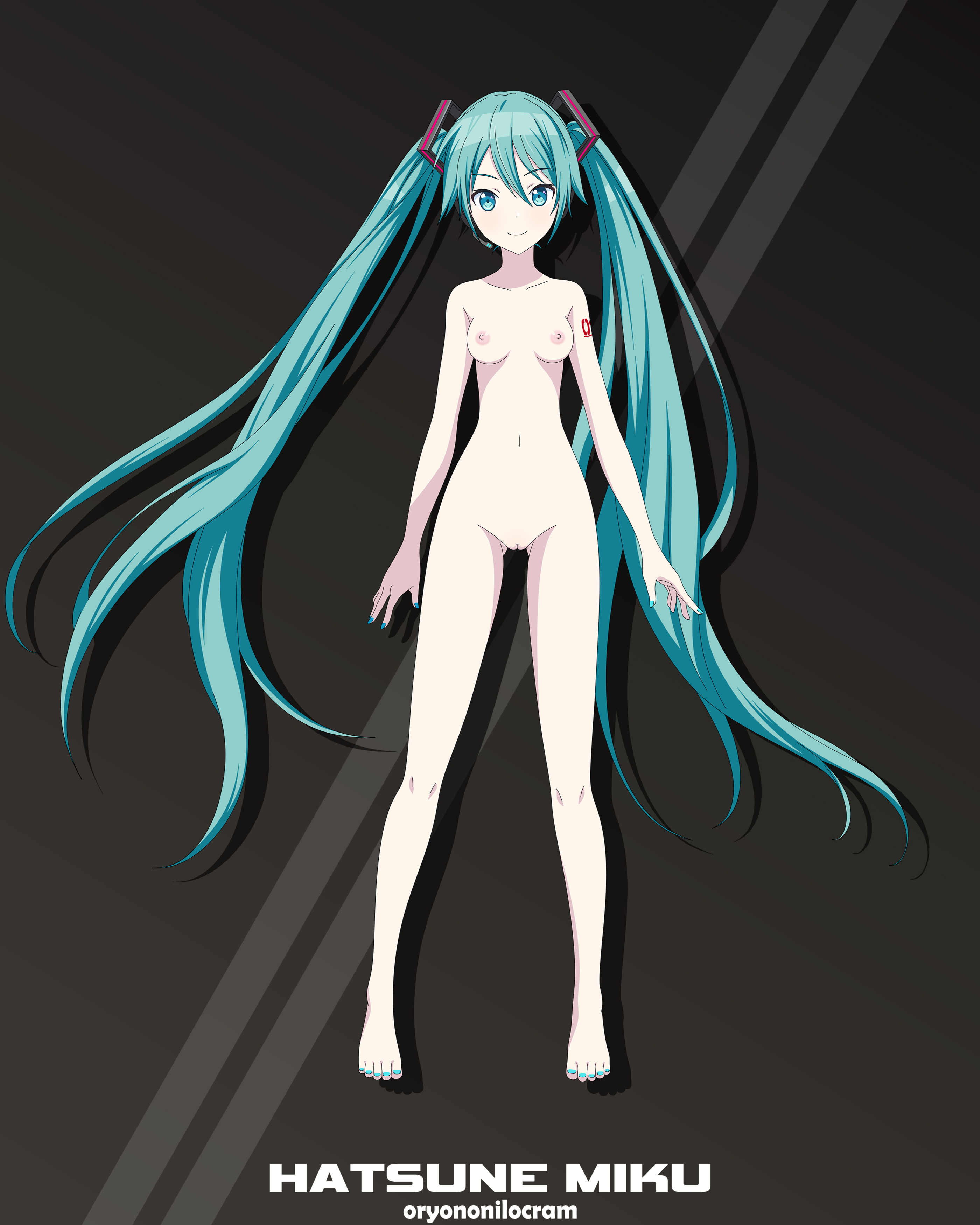 1girl, 1girls, accurate art style, aqua eyes, aqua hair, arm tattoo, arms at sides, ass visible through thighs, barefoot, belly button, black background, blue eyes, breasts, character name, collarbone, completely nude, cyan eyes, cyan hair, edit, edited, english text, eyebrows visible through hair, feet, female, female only, full body, hatsune miku, idol, light skin, light-skinned female, long hair, looking at viewer, medium breasts, nail polish, naked, navel, nipples, nude, nude female, number tattoo, oryononilocram, pussy, sega, small breasts, smile, solo, standing, tattoo, toenail polish, toenails, toes, twintails, uncensored, very long hair, vocaloid