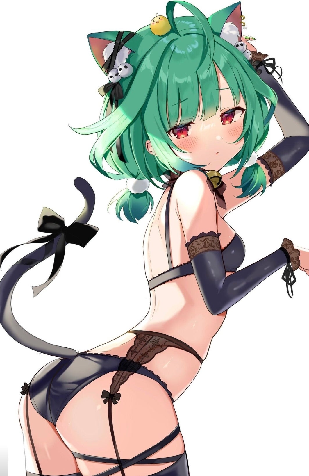 1girls animal_ears animal_tail ass bangs bell blush bow bow_on_tail bra cat_ears cat_pose cat_tail catgirl deaver female female_only green_hair hololive hololive_fantasy hololive_japan lace lingerie looking_at_viewer mrcosmoov panties petite petite_body piercing red_eyes rushia short_hair small_breasts stockings uruha_rushia virtual_youtuber