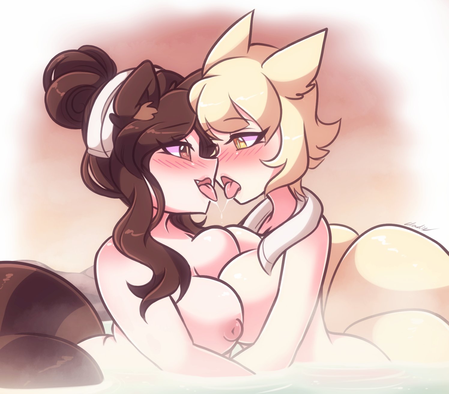 big breasts, blush, breasts, female, female focus, female only, hot tub, hourglass figure, kissing, large breasts, littlecloudie, mamizou futatsuiwa, naked, nipples, ran yakumo, touhou, yuri