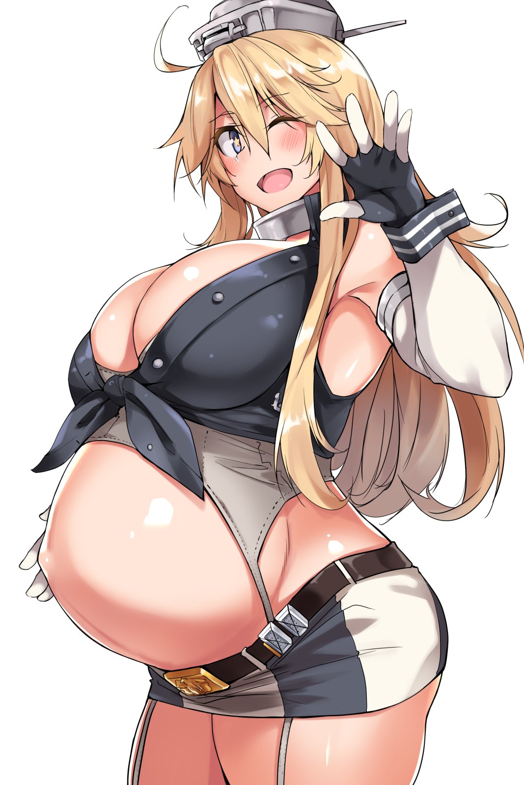 ahoge big_breasts blonde_hair blue_eyes blush cleavage elbow_gloves female female_only garter_belt garter_straps gloves headgear iowa_(kantai_collection) kantai_collection kuronyan long_hair looking_at_viewer miniskirt open_mouth pregnant ready_to_pop revealing_clothes smile solo star-shaped_pupils stockings thick_thighs tied_shirt waving wink