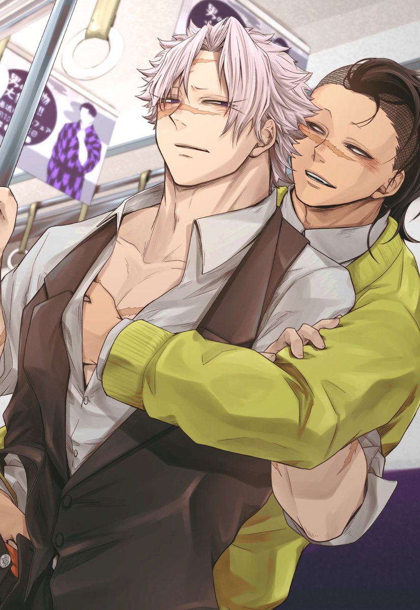 2boys, black hair, blush, brother, brothers, chikan, demon slayer, gay, genya shinazugawa, groping, groping from behind, hand in another's panties, hand under clothes, incest, kimetsu no yaiba, koshoinfo, looking back, male, male only, mohawk, no eyebrows, questionable consent, sanemi shinazugawa, scar, scars, school uniform, siblings, smile, train, white hair, yaoi
