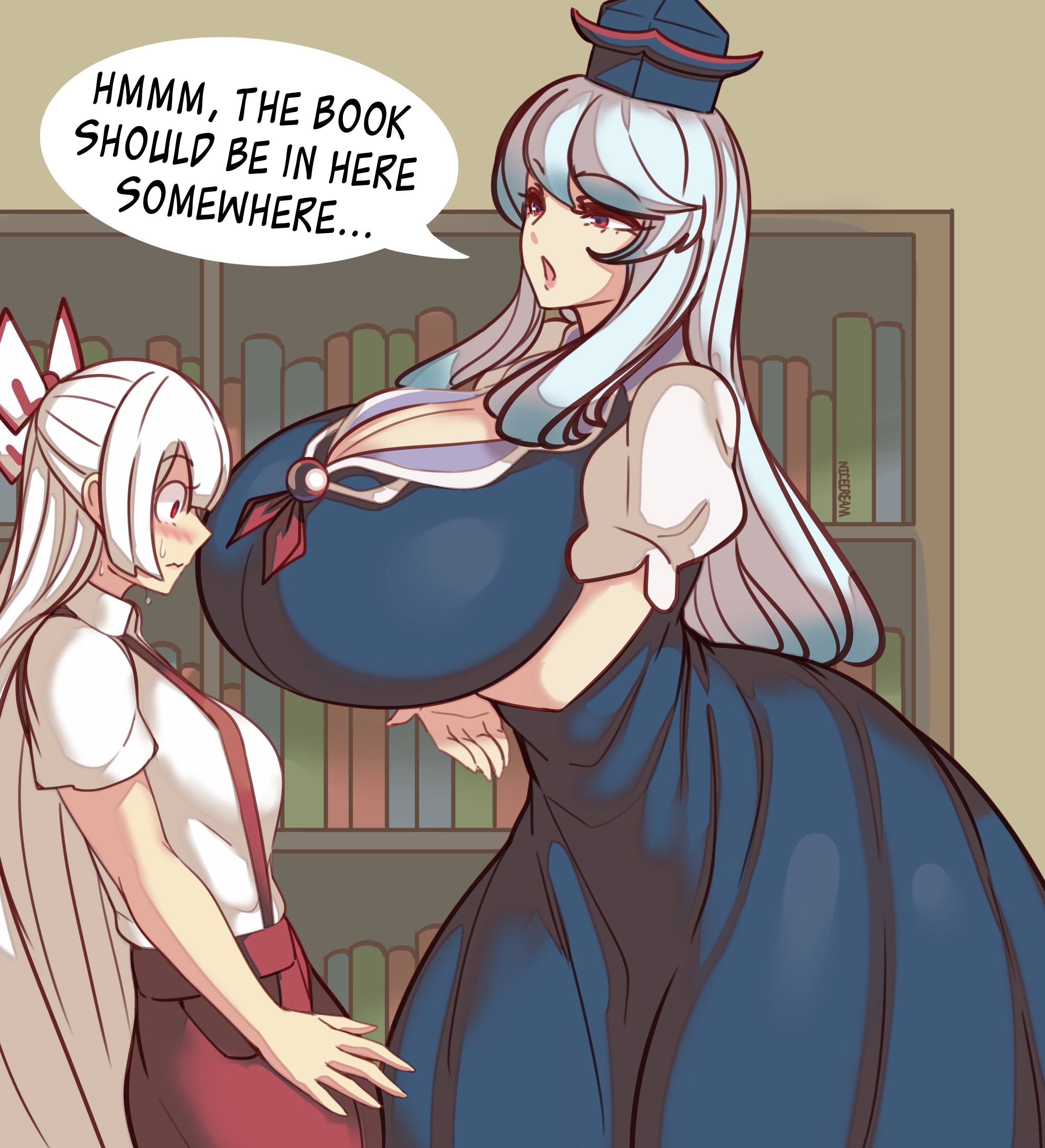 2girls, breast size difference, breasts, cleavage, embarrassed, female, female only, fujiwara no mokou, keine kamishirasawa, large breasts, multiple females, multiple girls, nicecream, png version available, speech bubble, text, touhou