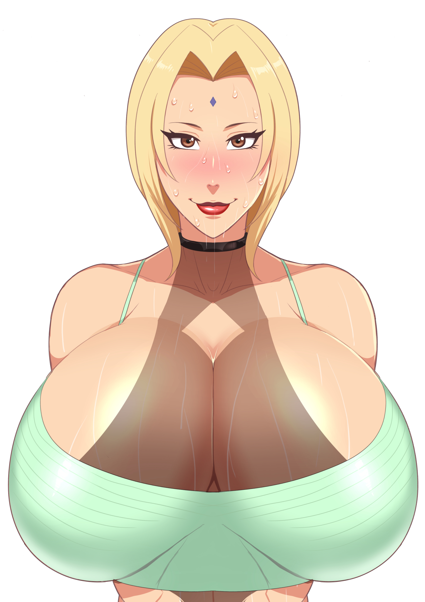1girls, alternate breast size, bare shoulders, big breasts, blonde hair, blush, boruto: naruto next generations, breasts, brown eyes, busty, cleavage, collar, crop top, female, female only, forehead jewel, forehead mark, front view, huge breasts, human, large breasts, light skin, light-skinned female, lipstick, looking at viewer, makeup, mature, mature female, milf, naruto, naruto (classic), naruto (series), naruto shippuden, nose blush, oppai, pinup, red lips, red lipstick, shounen jump, smile, smiling, solo, sweat, sweatdrop, sweaty, tsunade, tubetop, voluptuous, yellow hair, zxcv