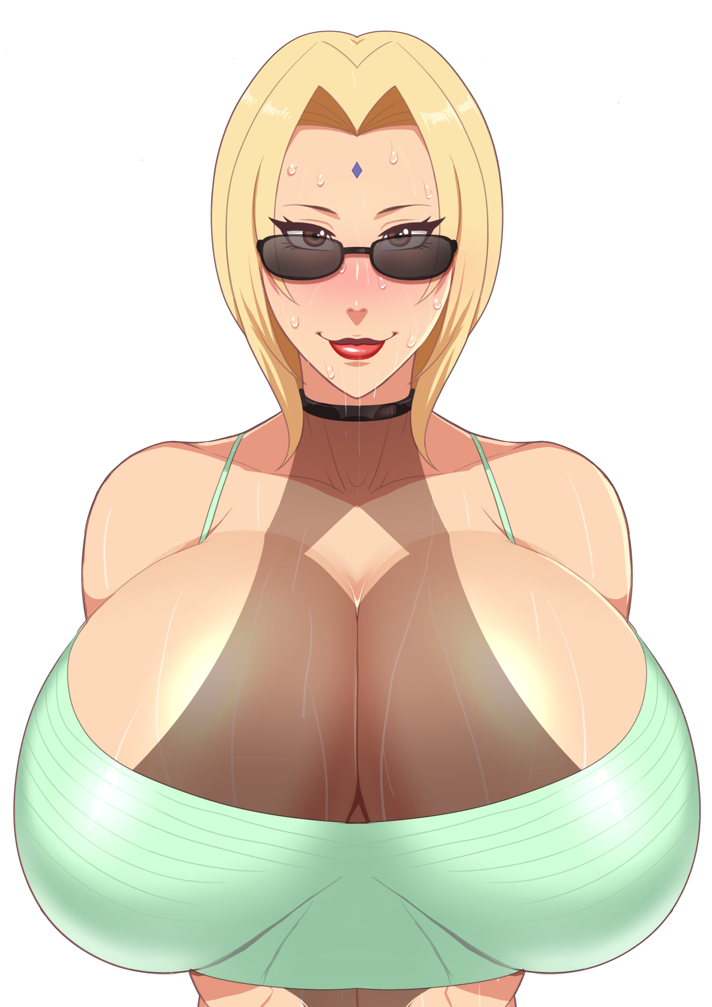 1girls, alternate breast size, bare shoulders, big breasts, blonde hair, blush, boruto: naruto next generations, breasts, brown eyes, busty, cleavage, collar, crop top, female, female only, forehead jewel, forehead mark, front view, glasses, huge breasts, human, large breasts, light skin, light-skinned female, lipstick, looking at viewer, looking over eyewear, looking over glasses, looking over sunglasses, makeup, mature, mature female, naruto, naruto (classic), naruto (series), naruto shippuden, nose blush, oppai, pinup, red lips, red lipstick, shounen jump, smile, smiling, solo, sunglasses, sweat, sweatdrop, sweaty, tinted eyewear, tsunade, tubetop, yellow hair, zxcv