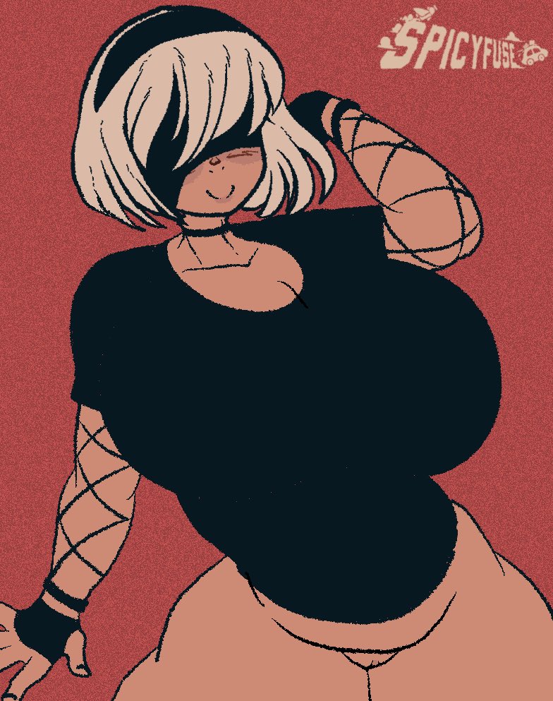 1girls, alternate breast size, android, bottomless, breasts, busty, cleavage, curvy, female, fishnets, nier, nier (series), nier: automata, pussy, spicyfuse, white hair, yorha 2b