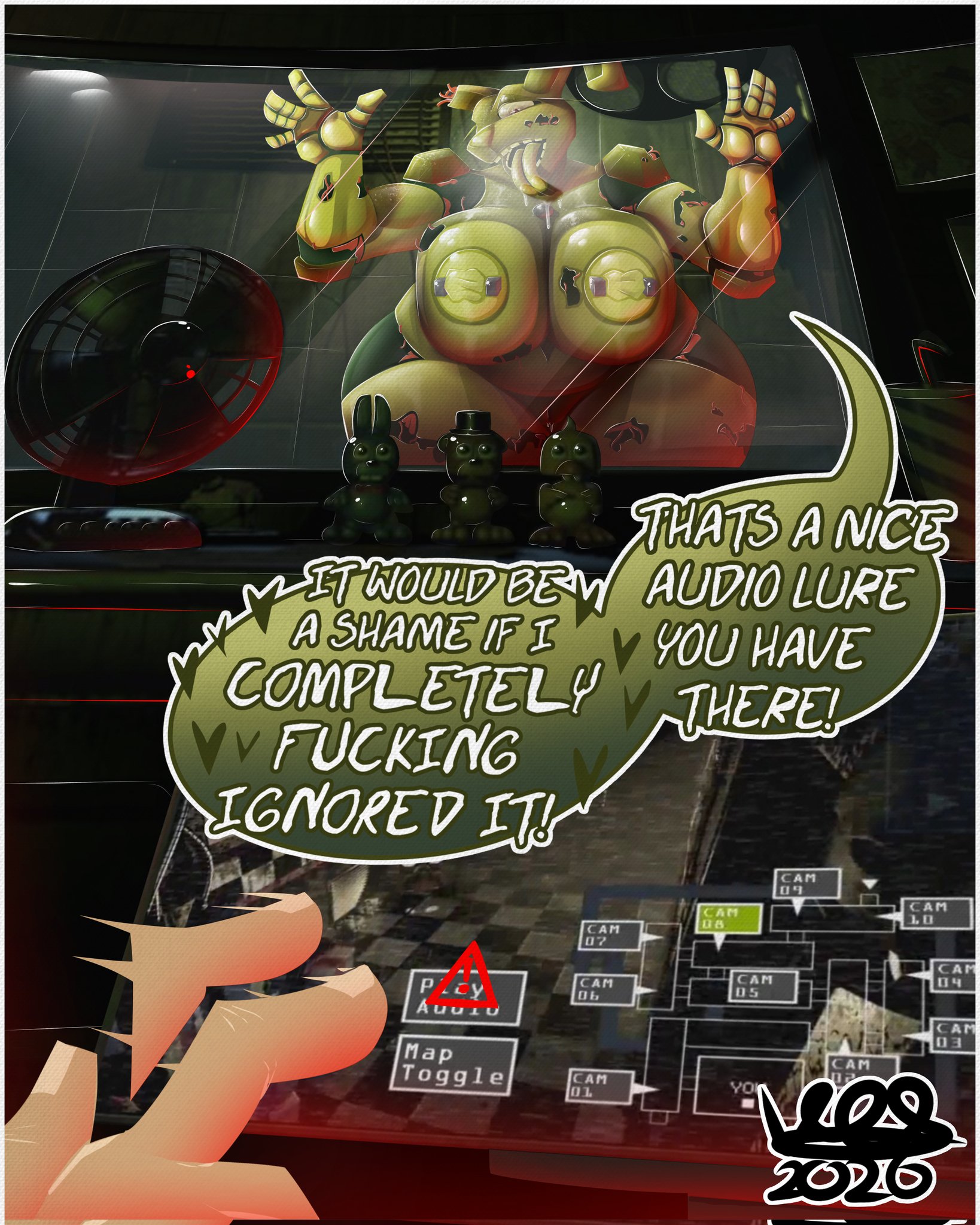 1girls, anthro, big breasts, dialogue, fazbear frights (location), female, fenic vox, five nights at freddy's, genderswap (mtf), human, looking at viewer, nipple piercing, nipples, nude, rabbit, rule 63, springtrap (fnaf), teasing, zombie
