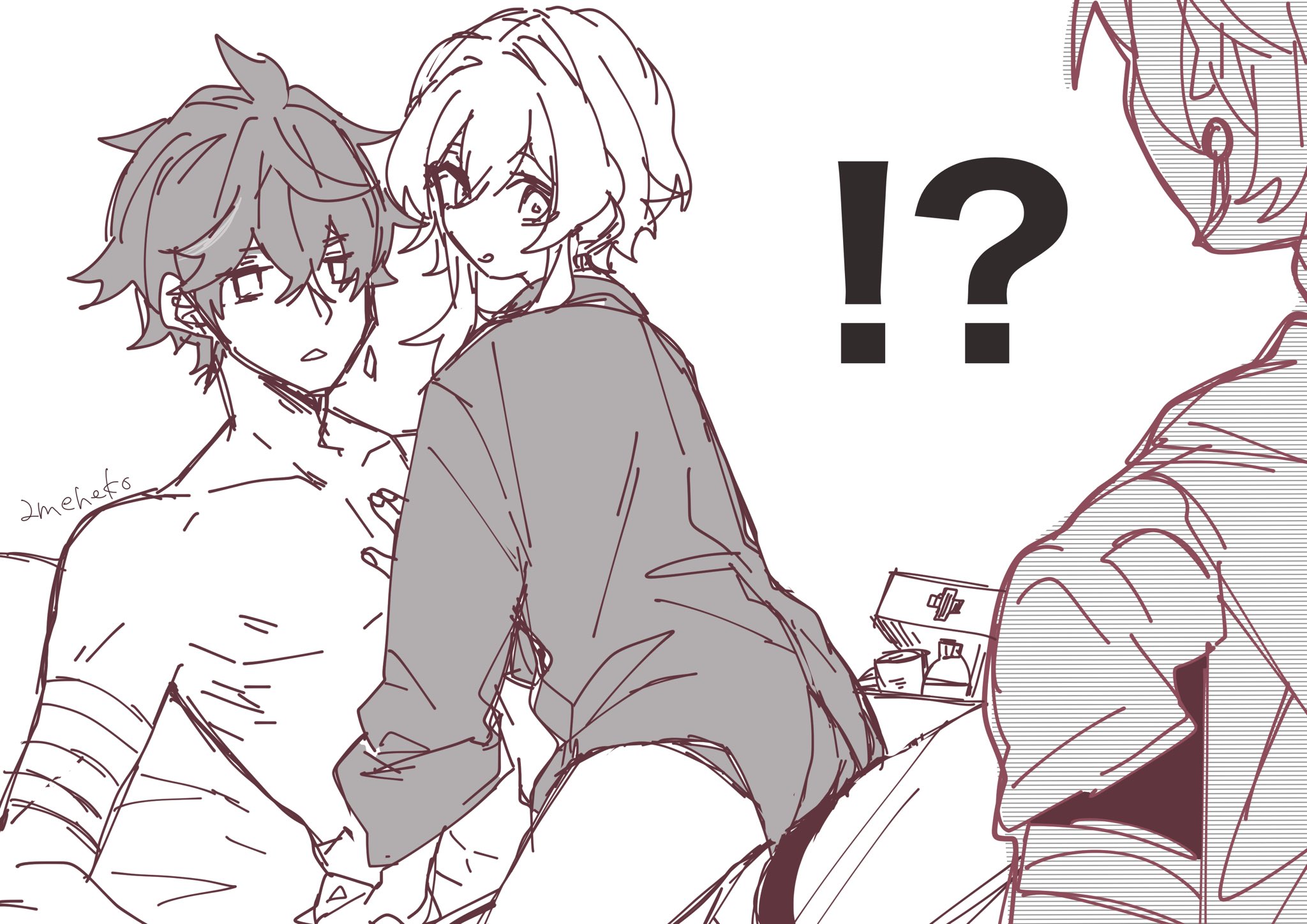 1girls, 2boys, aether (genshin impact), ameneko 06, ass, brother and sister, caught, caught in the act, childe (genshin impact), female, genshin impact, hoyoverse, lumine (genshin impact), male, mihoyo, monochrome, shirtless, suggestive, tartaglia (genshin impact), thick thighs