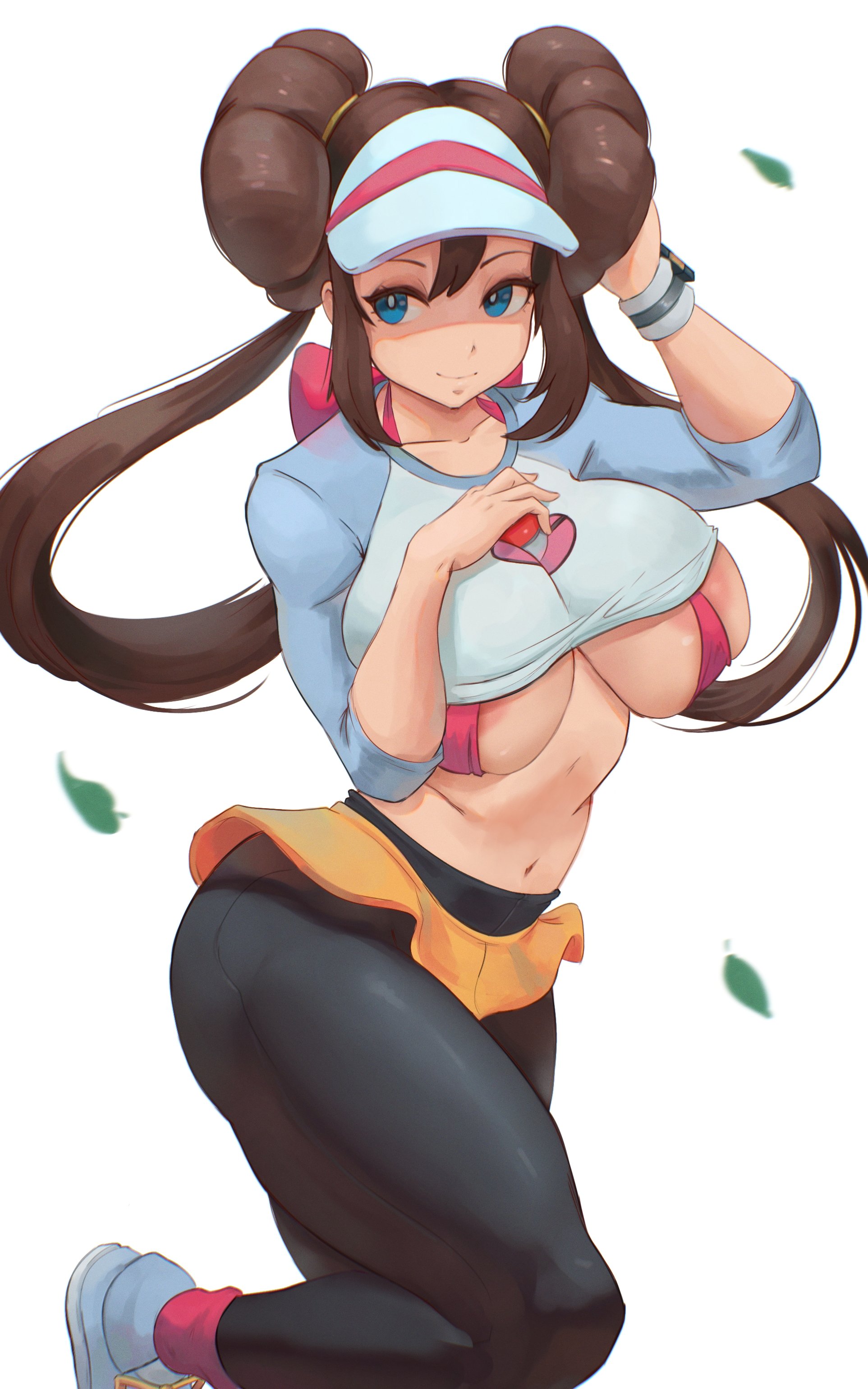1girls, 2021, alternate breast size, belly button, bikini top, breasts, brown hair, clothed, clothed female, cutesexyrobutts (style), female, female focus, female only, hat, hi res, holding object, huge breasts, human, leggings, lesottart, long hair, looking at viewer, navel, nintendo, pantyhose under shorts, pantyhose under skirt, pokeball, pokemon, pokemon bw2, rosa (pokemon), shirt lift, short skirt, shorts, simple background, skirt, slim waist, smile, smiling, thick thighs, twin buns, twintails, underboob, visor, visor cap, white background, wide hips, wristwatch, wristwear, yellow shorts, yellow skirt