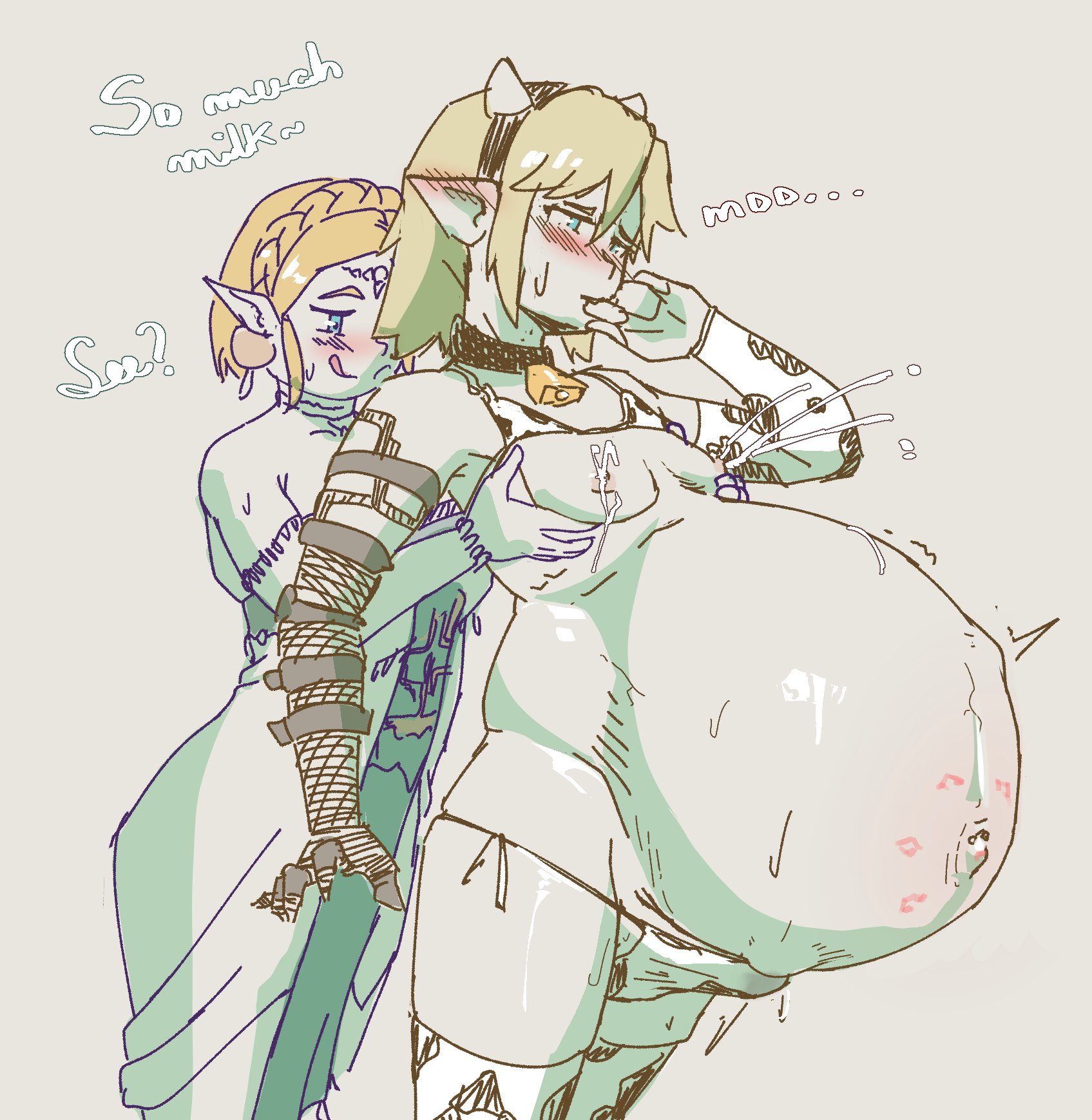 1boy, 1girls, big belly, blonde hair, blue eyes, blush, blush lines, blushing, boiboitumtum, breast milk, bulge, clothed, cow print, cow print bikini, elf, erection, erection under clothes, fetal movement, hyper belly, lactation, lactation without expressing, link, link (tears of the kingdom), loincloth, long ears, male, male lactation, male only, male pregnancy, mechanical arm, mpreg, outie navel, precum, pregnancy, pregnant, pregnant belly, pregnant male, princess zelda, prosthetic arm, taking clothes off, tattoo, tattoos, tears of the kingdom, the legend of zelda, underwear, zelda (tears of the kingdom)