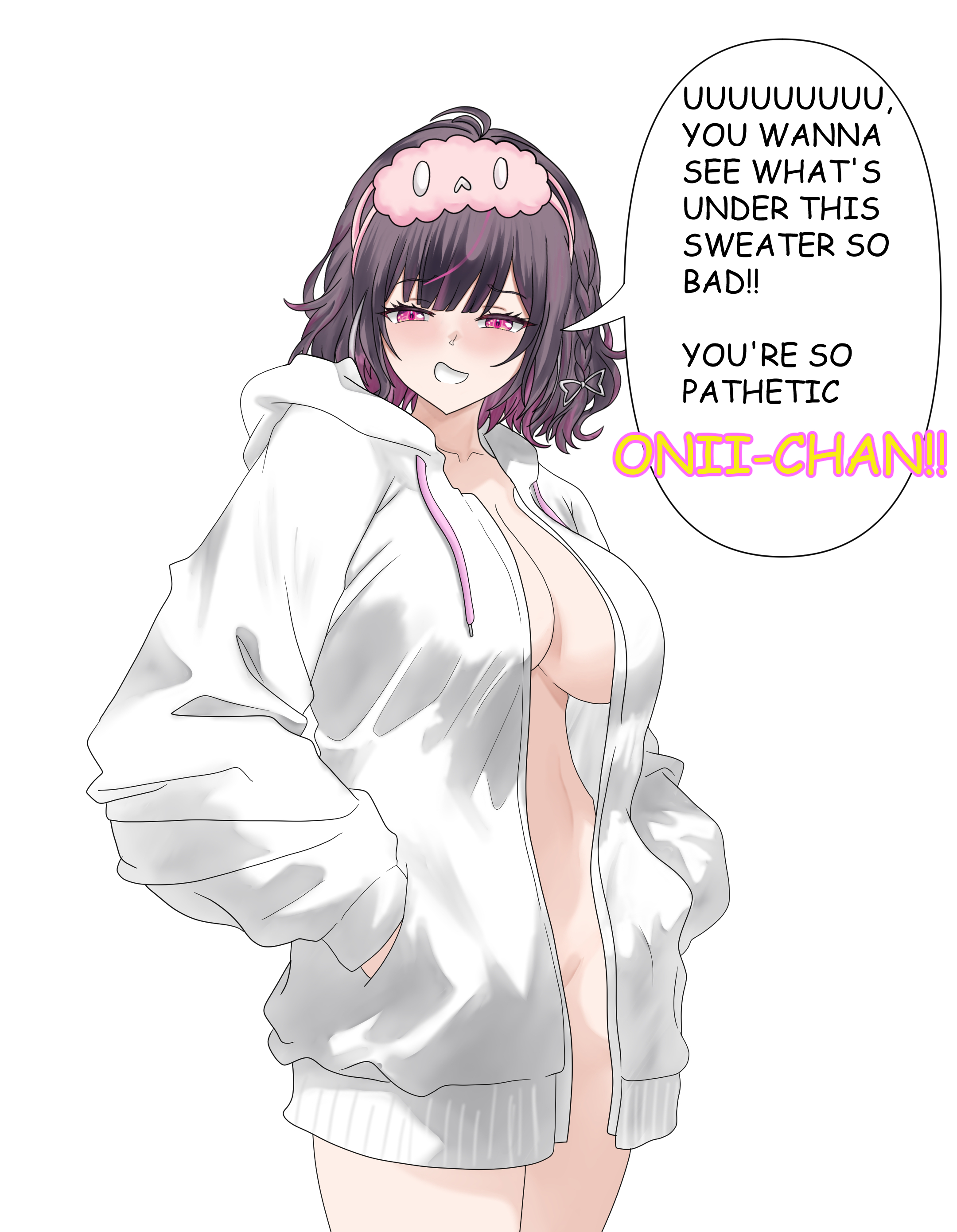 1girls, black hair, blush, brat, bratty, breasts, confident, dirty talk, english text, female, female only, himemiya rie, huge breasts, ivan ramirez, light skin, light-skinned female, looking at viewer, no bra, no panties, no underwear, phase alias, phase connect, pink eyes, pink hair, simple background, sleep mask, solo, speech bubble, sweater, talking to viewer, teasing, text, trash talk, two-tone hair, virtual youtuber, white background