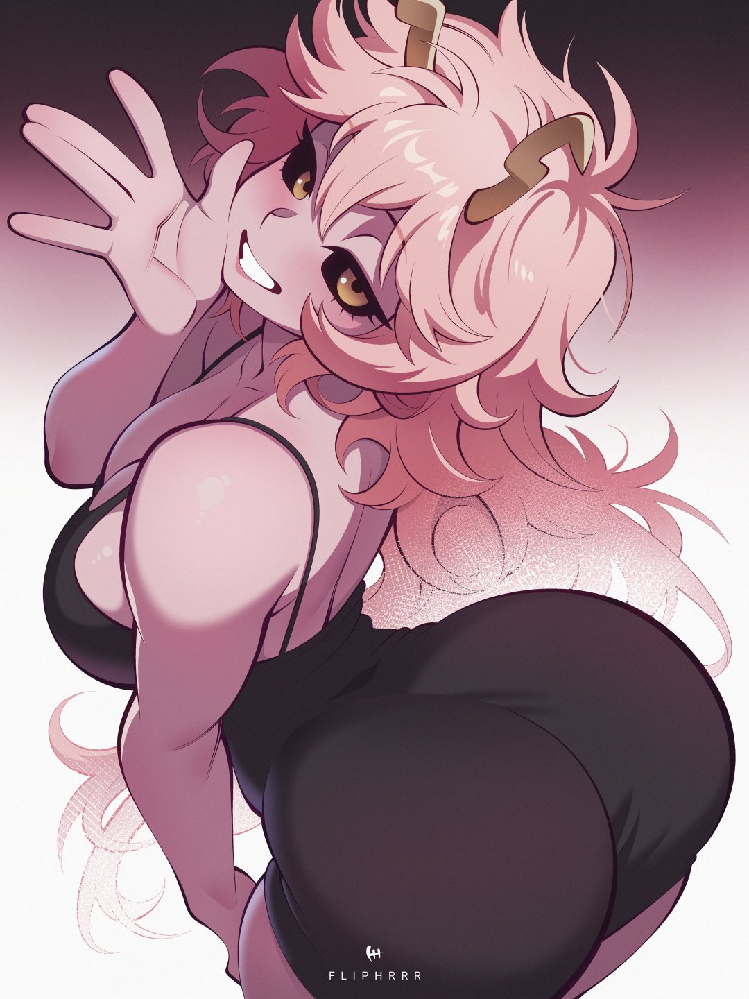 1girls, 2026, artist name, ass, ass focus, big ass, black dress, black sclera, boku no hero academia, dress, female, female only, flipherrrr, fliphrrr, highres, horns, large ass, large breasts, long hair, looking at viewer, mina ashido, mina ashido time-skip, my hero academia, my hero academia (finale), pink body, pink hair, pink skin, post-timeskip, slim waist, solo, thick thighs, watermark, yellow eyes