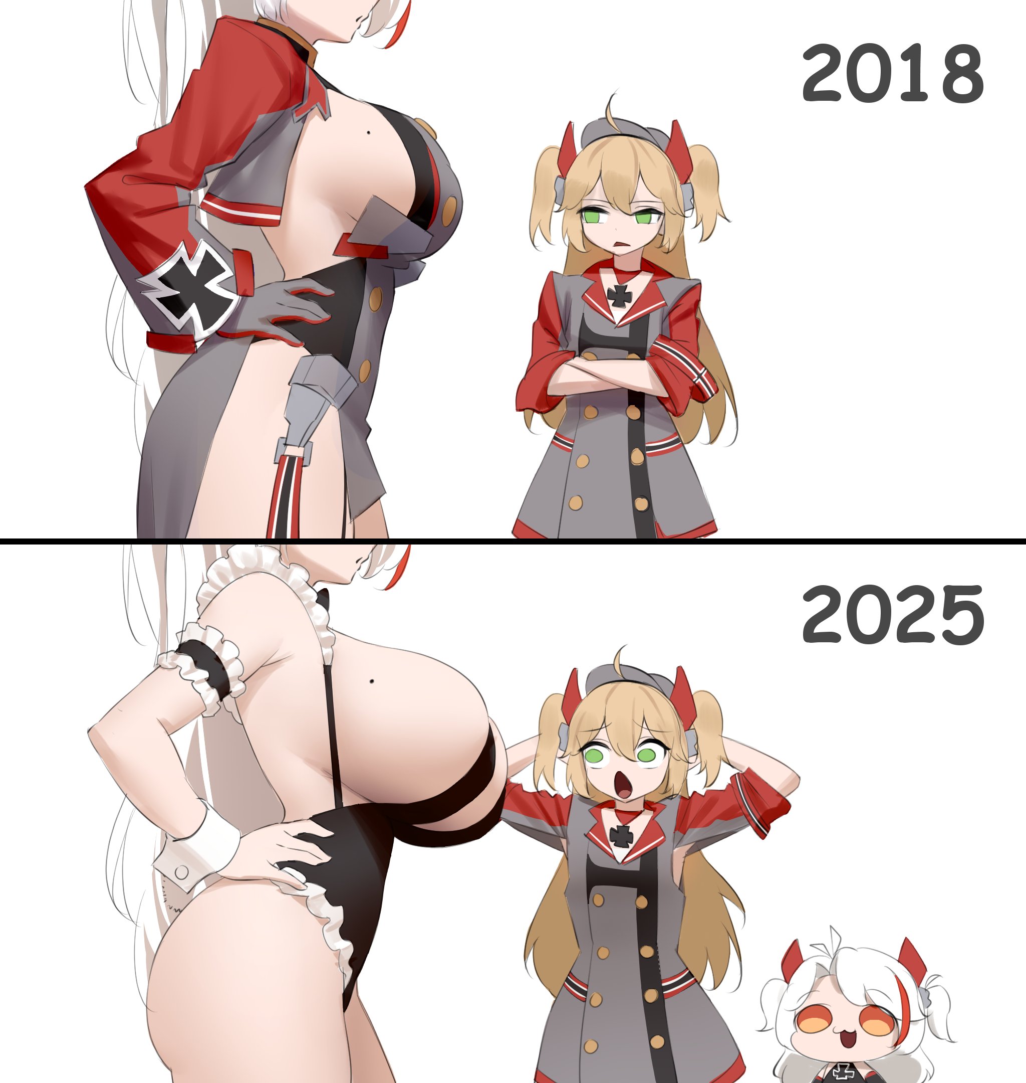 2018, 2025, 2girls, 2koma, admiral hipper (azur lane), age progression, azur lane, before and after, blonde hair, breast growth, breast size difference, censored, chibi, chibi style, comparing breasts, female, female only, flat chest, funny, german, german female, green eyes, huge breasts, iron blood (azur lane), large breasts, leotard, light skin, light-skinned female, nowaying, prinz eugen (azur lane), prinz eugen (between tipsiness and a wager) (azur lane), sideboob, surprised, twintails, white hair, whitter