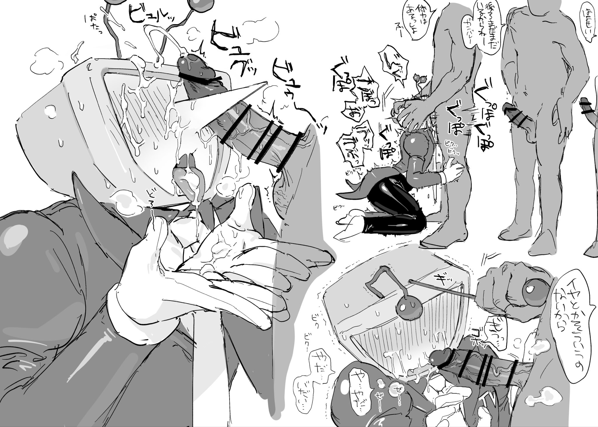 anon, blowjob, blush, censored penis, crying, cum on face, cum on tongue, cumshot, deltarune, dialogue, drooling, face fucking, facefuck, facial, gay, gloves, hair pull, irrumatio, japanese text, mob face, object head, on knees, oral, oral penetration, oral sex, panting, penis on face, ponzumeshi, pulling hair, running a train, shiny clothes, submissive male, suit, suit and tie, sweat, tenna (deltarune), text, tie, tongue out, trembling, tv head, undertale (series), yaoi