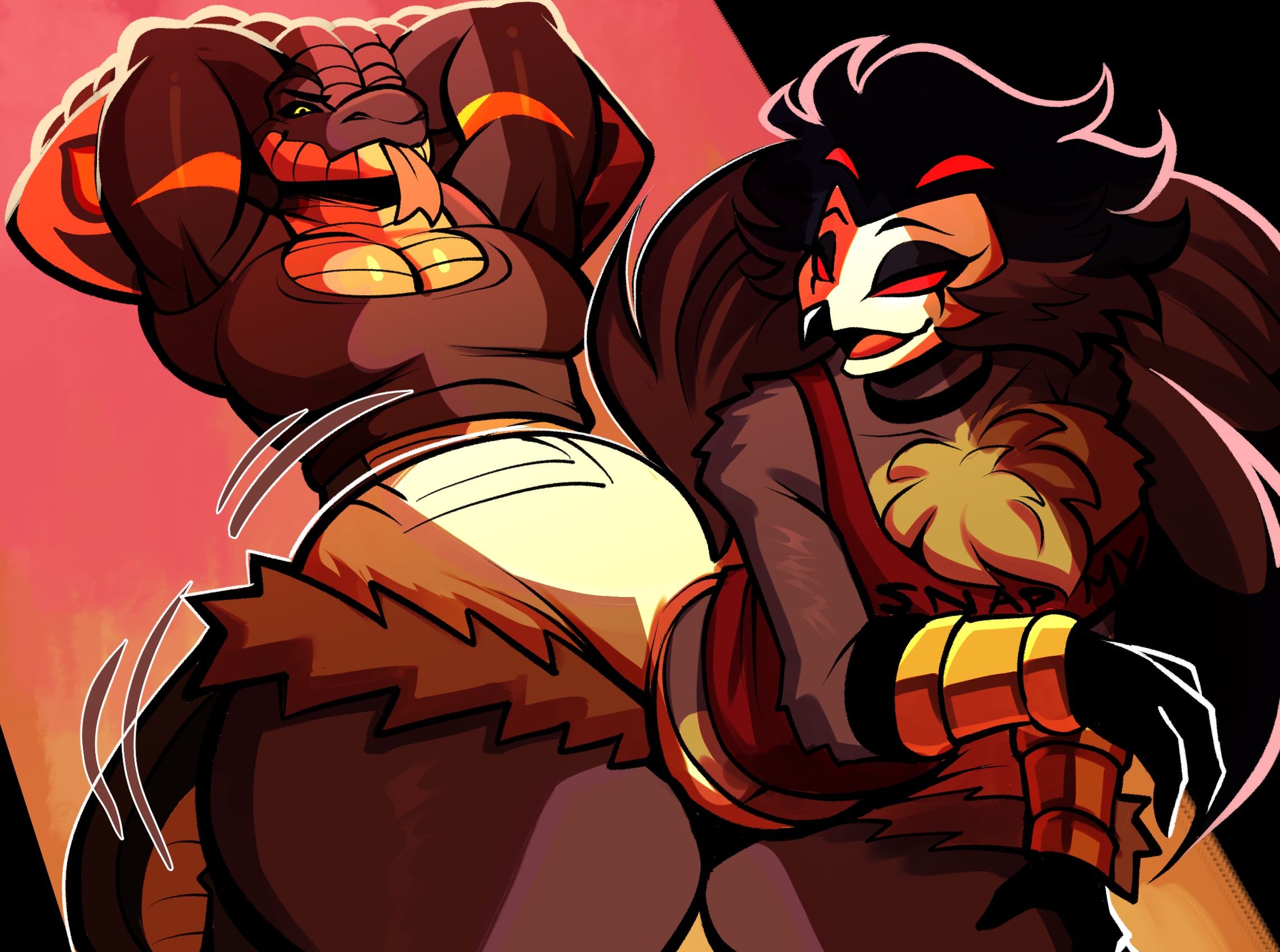 2boys, anthro, arms up, ass, avian, bent over, big ass, bubble butt, clothing, crop top, daisy dukes, demon, fat ass, femboy, furry, furry only, gay, grinding, hands behind head, helluva boss, huge ass, large ass, male, male only, nathanatwar, original, original character, reptile, shirt, shorts, stolas (helluva boss), thick ass, thick thighs, thunder thighs, twerking, whateverdoes, wide hips, yaoi