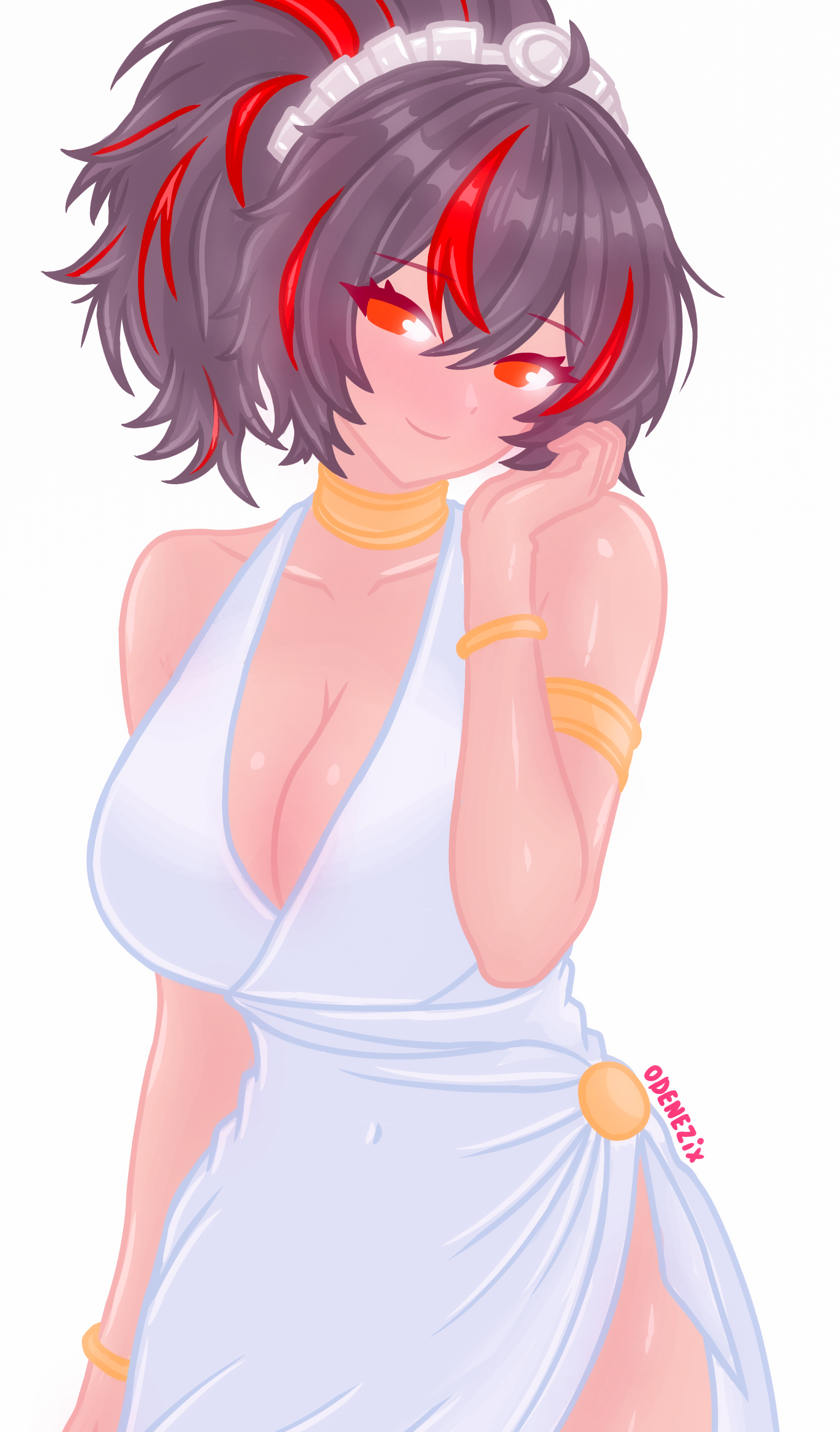 breasts, cute, cute face, dress, female, female focus, greek clothes, odenezix, simple background, smile, solo, solo female, tagme, white dress, zenless zone zero, zhu yuan