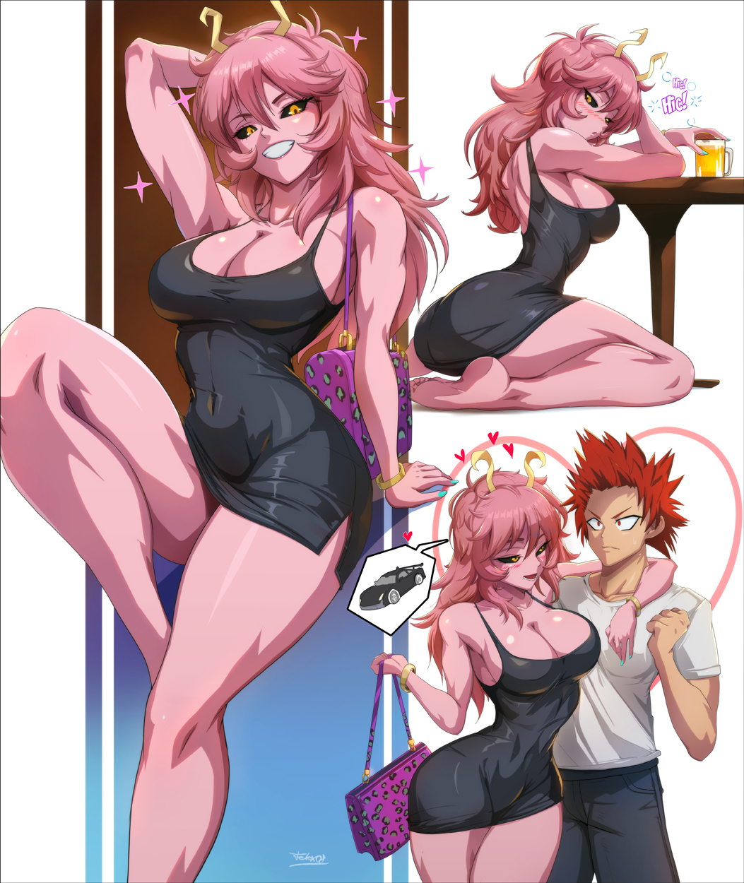 1boy, 1girl, 1girls, alcohol, ashido mina, ashido mina time-skip, ass, bag, barefoot, beer, beer mug, big ass, black dress, black pants, black sclera, boku no hero academia, breasts, cleavage, colored skin, commentary, cup, denim, dress, drunk, eijirou kirishima, felox08, female, flirting, handbag, heart, hetero, highres, holding, holding bag, horns, jeans, kirishima eijiro, large breasts, large variant set, long hair, male, mina ashido, mina ashido time-skip, mug, my hero academia, my hero academia (finale), pants, pink body, pink hair, pink skin, post-timeskip, red hair, shirt, slim waist, spiked hair, straight, thick thighs, time skip, variant set, white shirt, yellow eyes, yellow horns