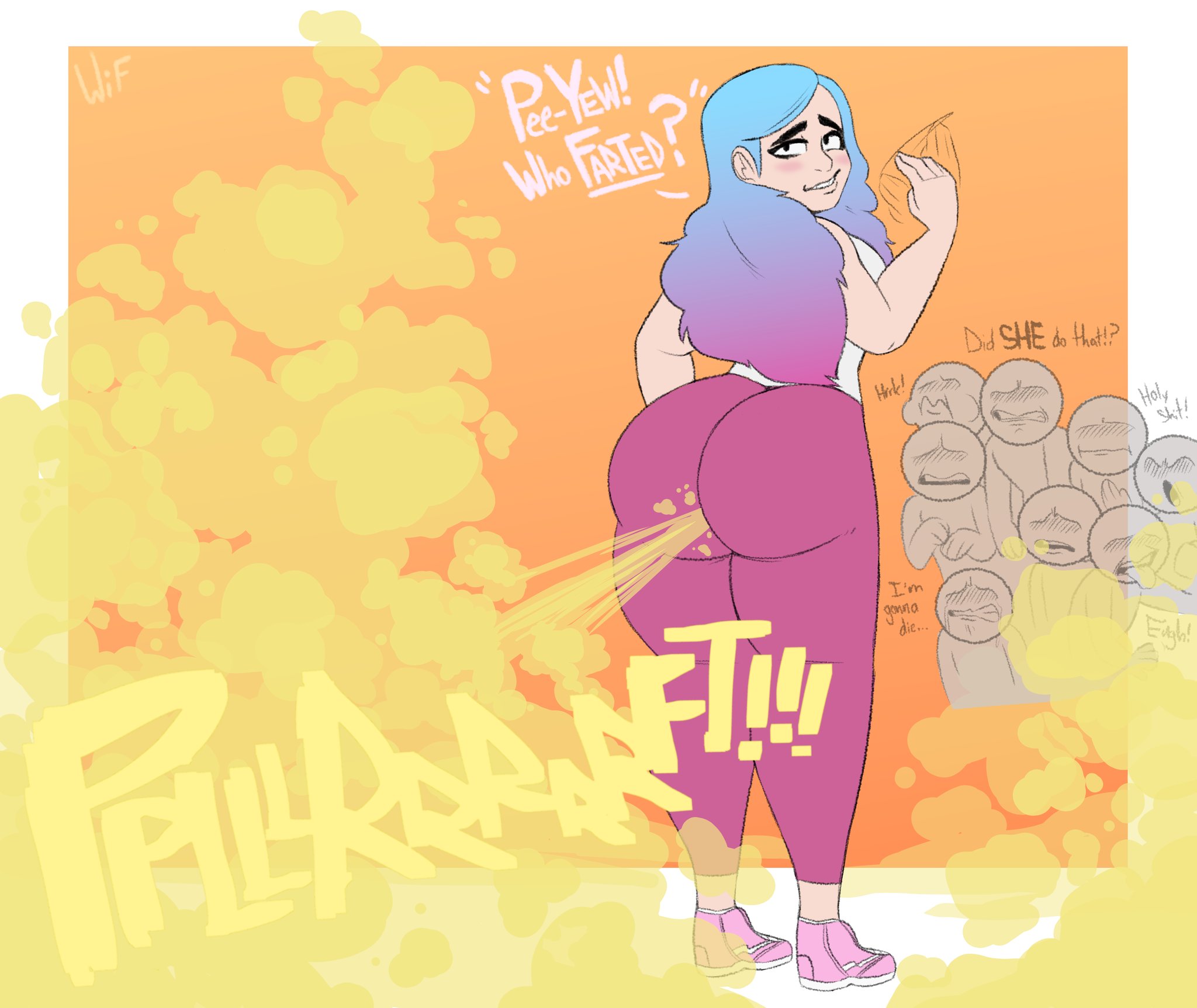 1girls, ass, big ass, disgusted, dyed hair, faceless male, fart, fart cloud, fart fetish, fat ass, female, gradient hair, grin, gritted teeth, looking back, male, nikki (weirdisfun), onlookers, onomatopoeia, smile, tank top, text, thick thighs, weirdisfun