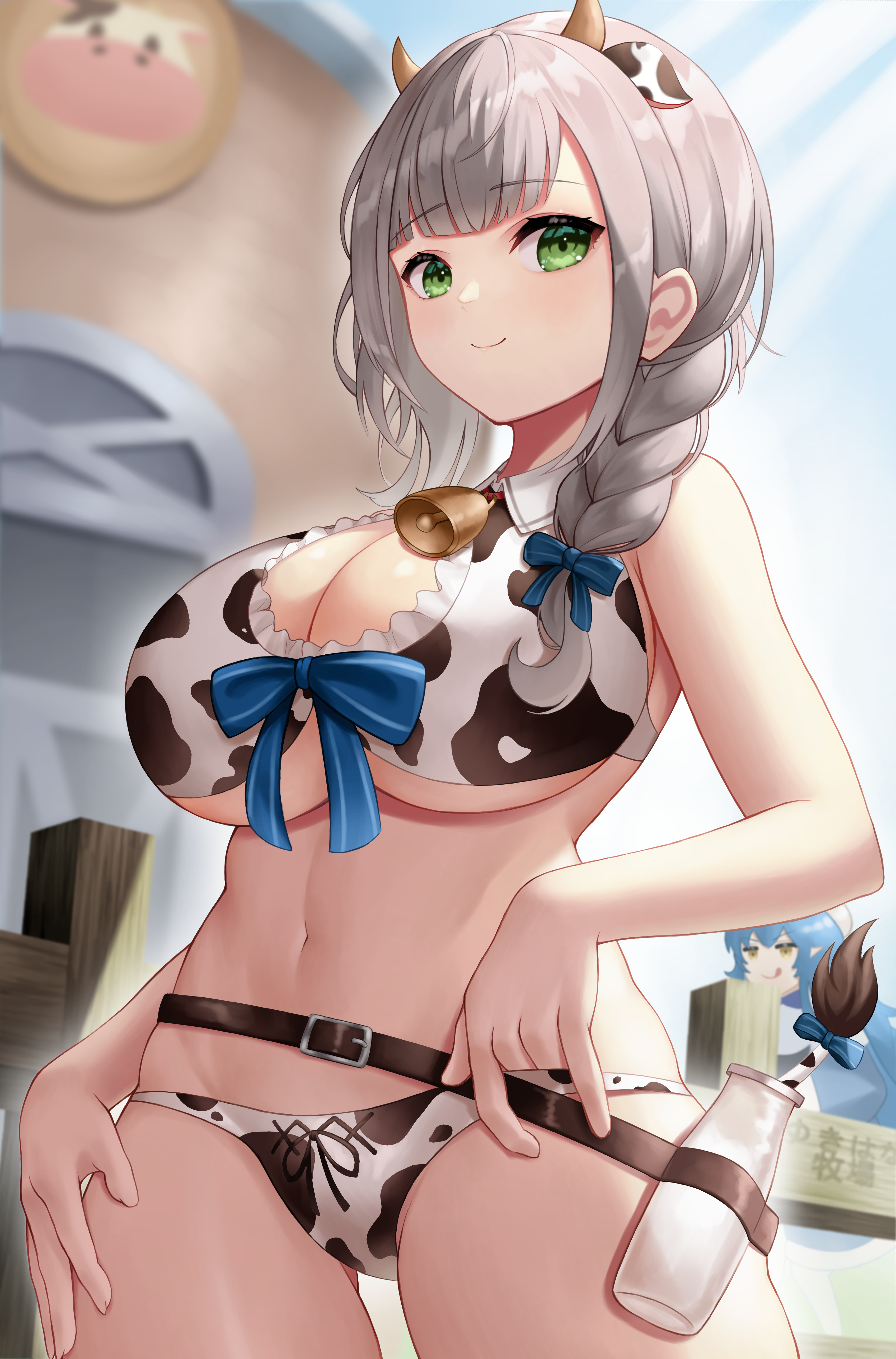 1girls, bell, belly, big breasts, bikini, bikini bottom, bikini top, braid, breasts, cleavage, covered nipples, covered pussy, cow bikini, cow ears, cow horns, cow print, eyebrows, eyebrows visible through hair, eyelashes, female, female focus, female only, green eyes, grey hair, hololive, hololive fantasy, hololive japan, huge breasts, low-tied long hair, navel, pussy, roina, shirogane noel, smile, smiling, solo, solo female, solo focus, underboob, virtual youtuber